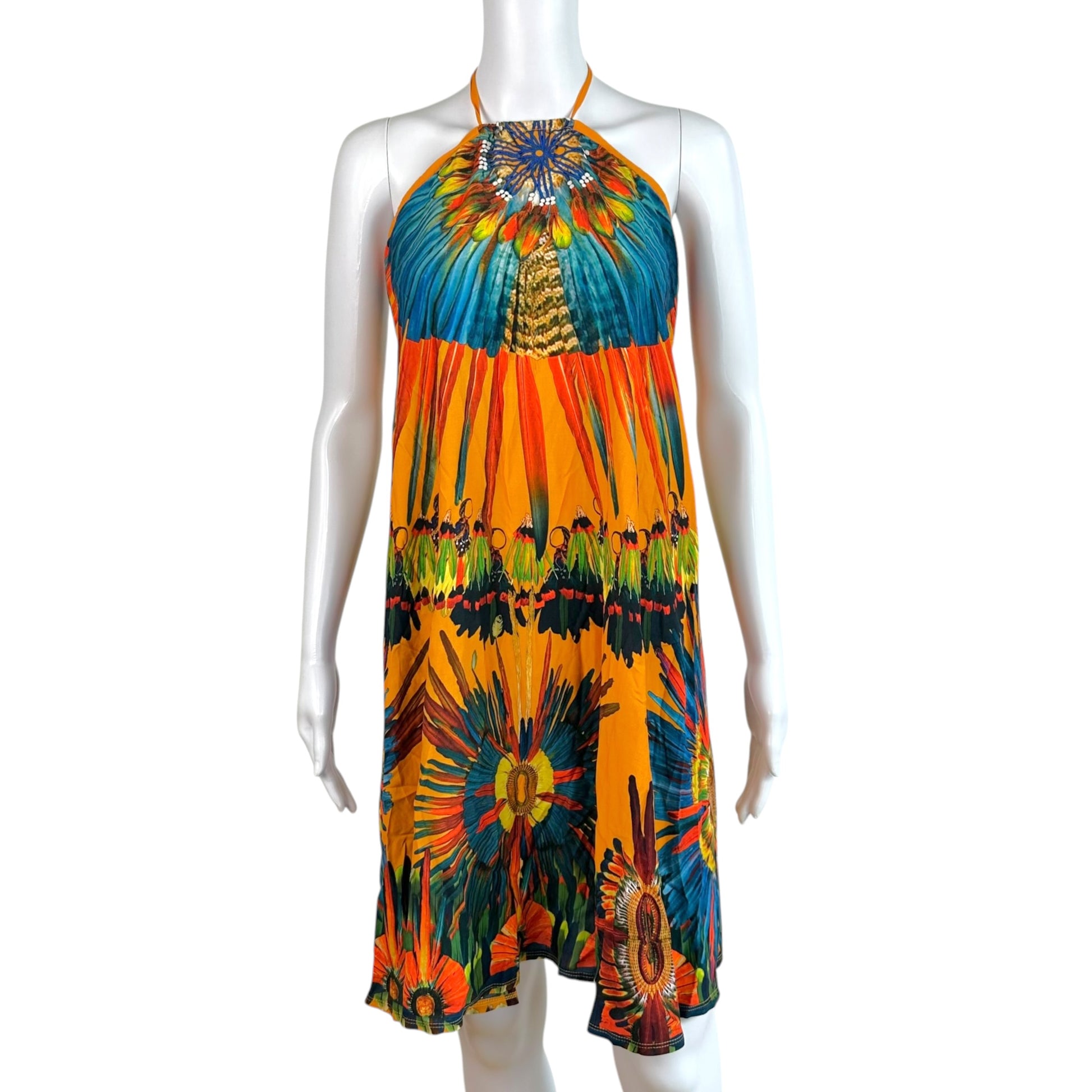 Jean Paul Gaultier Halter Mini Dress Multicolor Feather Print
