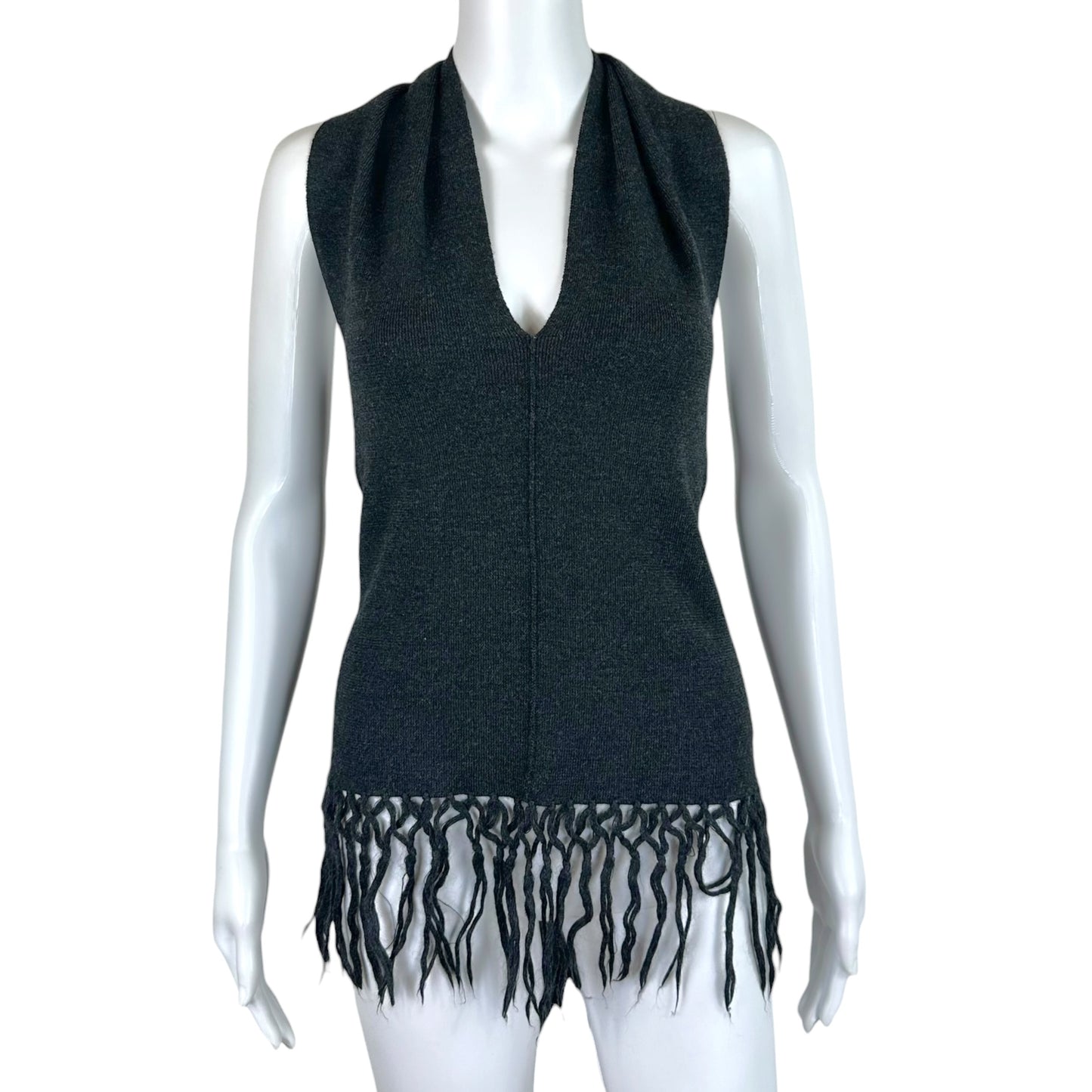 Jean Paul Gaultier Gray Knit Halter Top With Fringe Trim