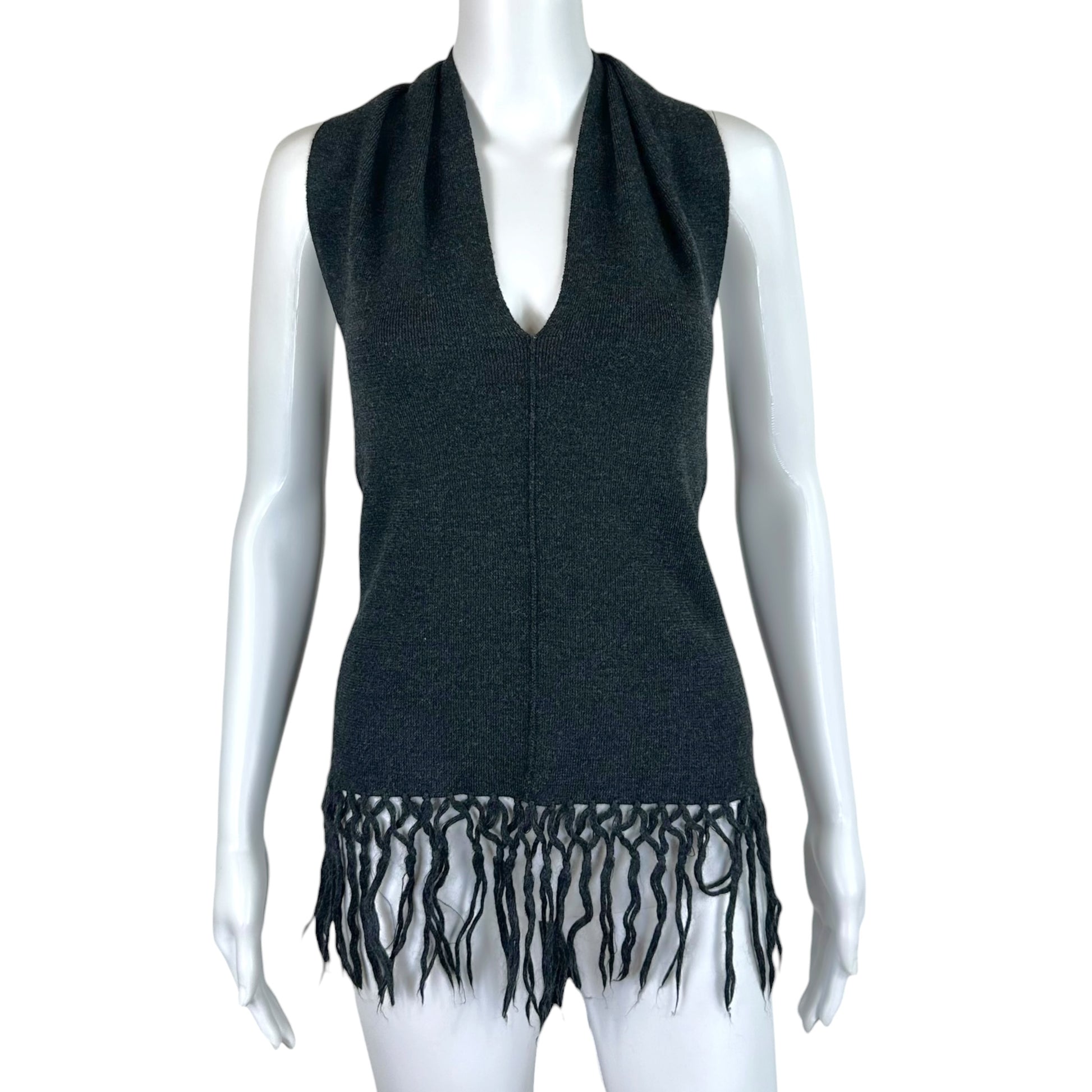 Jean Paul Gaultier Gray Knit Halter Top With Fringe Trim