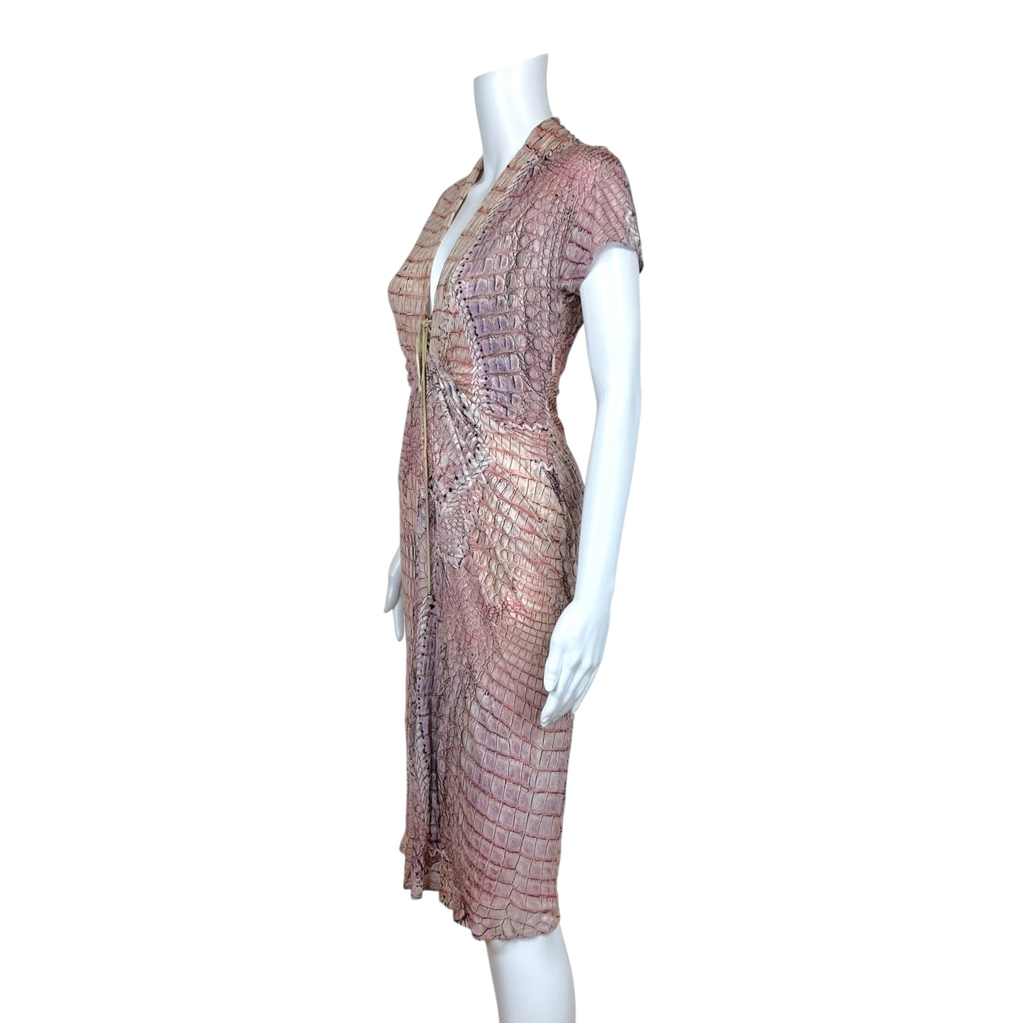 Roberto Cavalli S/S 2011 Pink Croc Print Lace Up Front Midi Dress