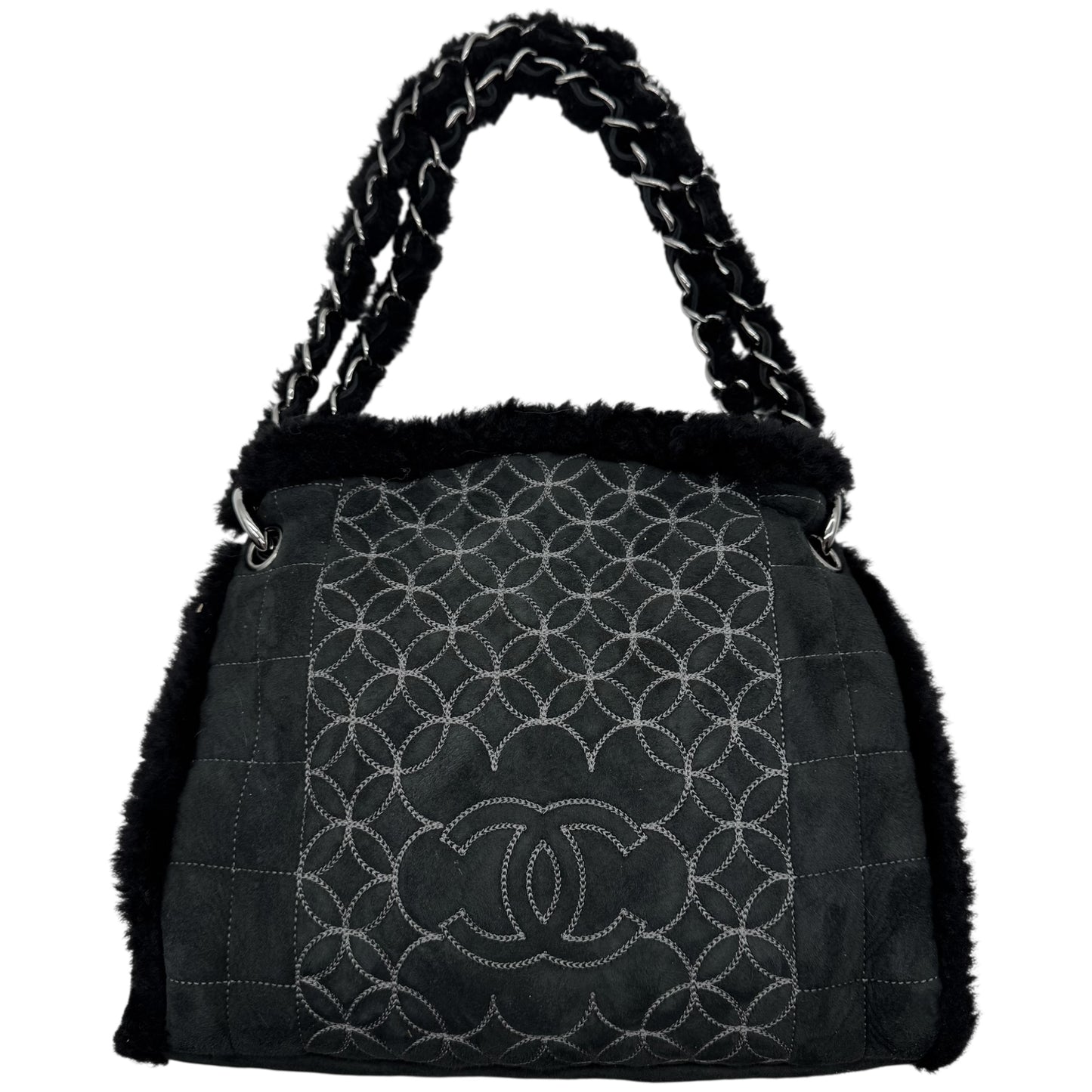 Chanel Black Shearling Quilted Logo Shoulder Bag 2005-06 - Outfit Repeater