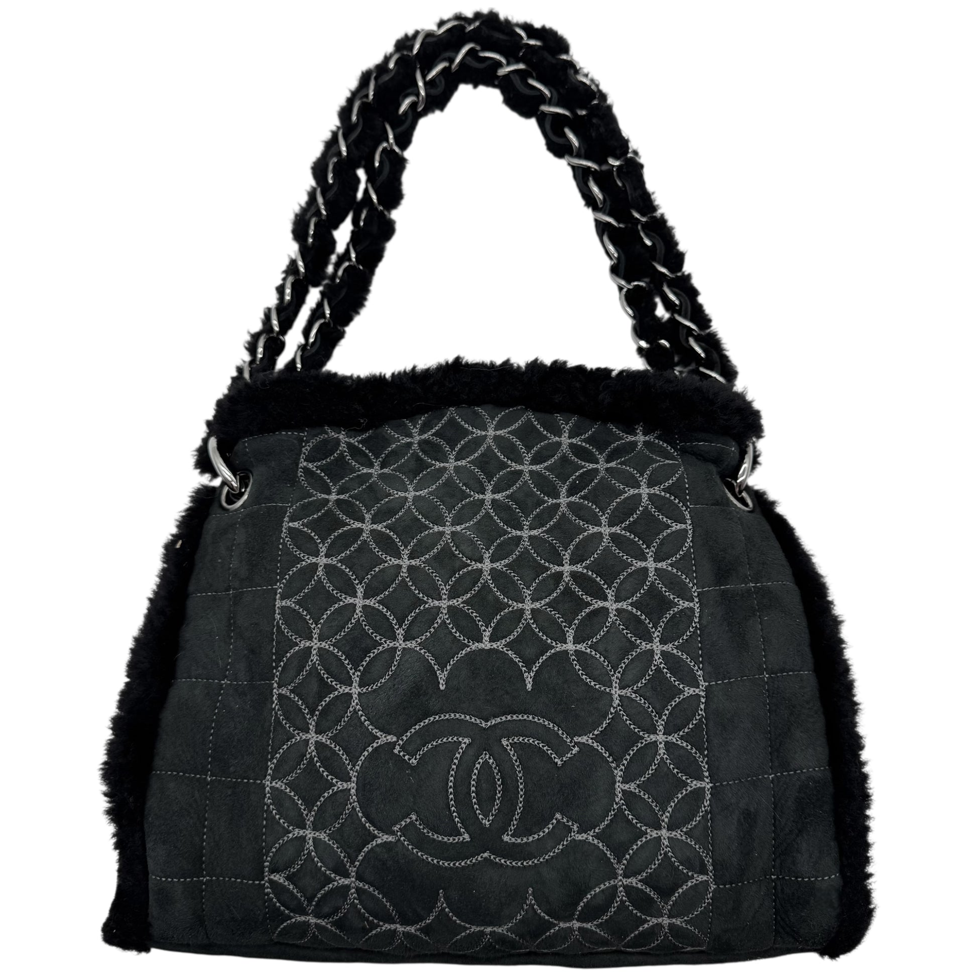 Chanel Black Shearling Quilted Logo Shoulder Bag 2005-06 - Outfit Repeater