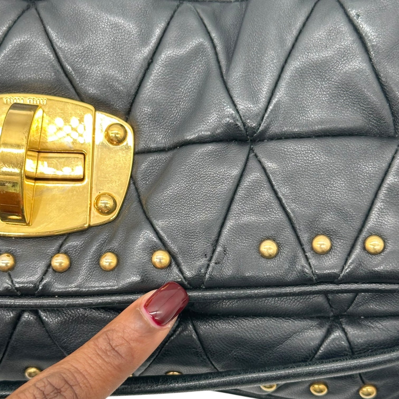 Miu Miu Black Leather & Gold Studs Quilted 2-Way Shoulder Clutch Bag - Outfit Repeater
