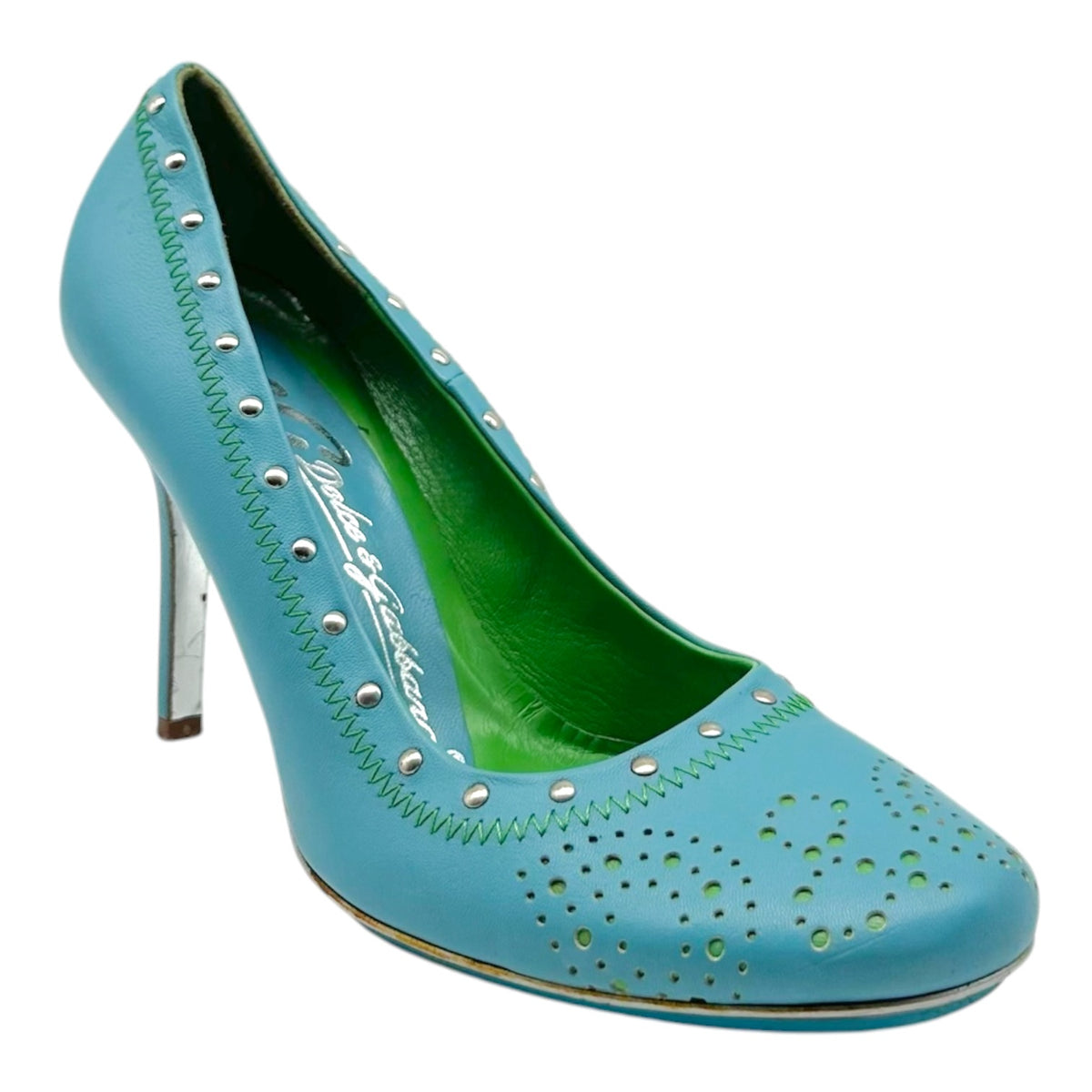 D&G Dolce & Gabbana Turquoise & Green Studded Logo Heels