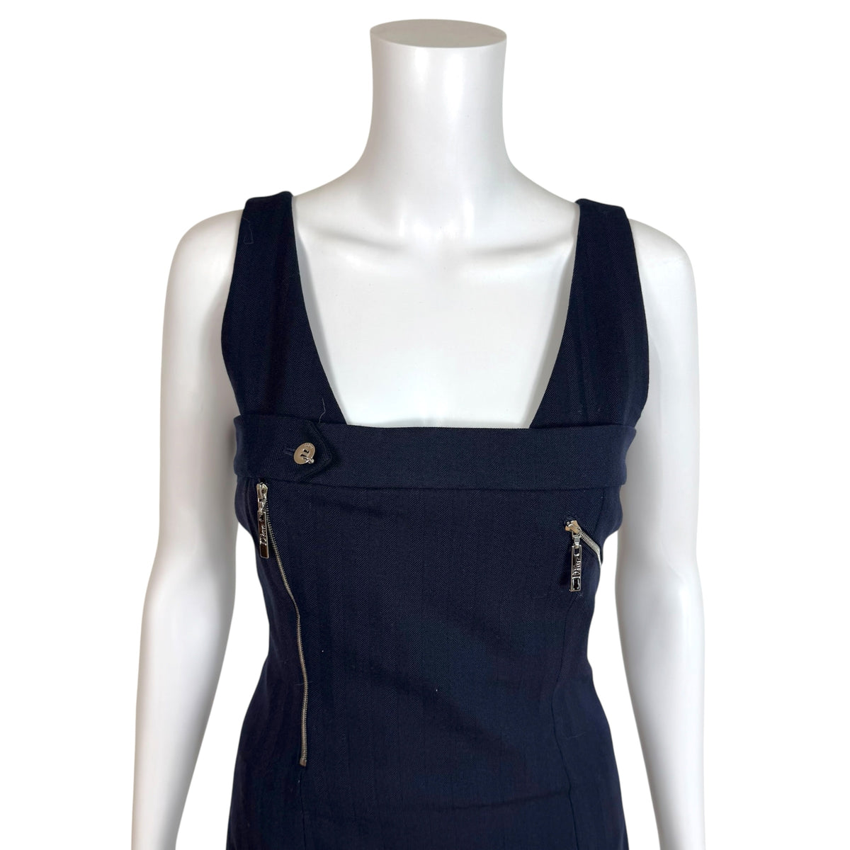 Christian Dior Navy Blue Wool Midi Dress Multi-Zip
