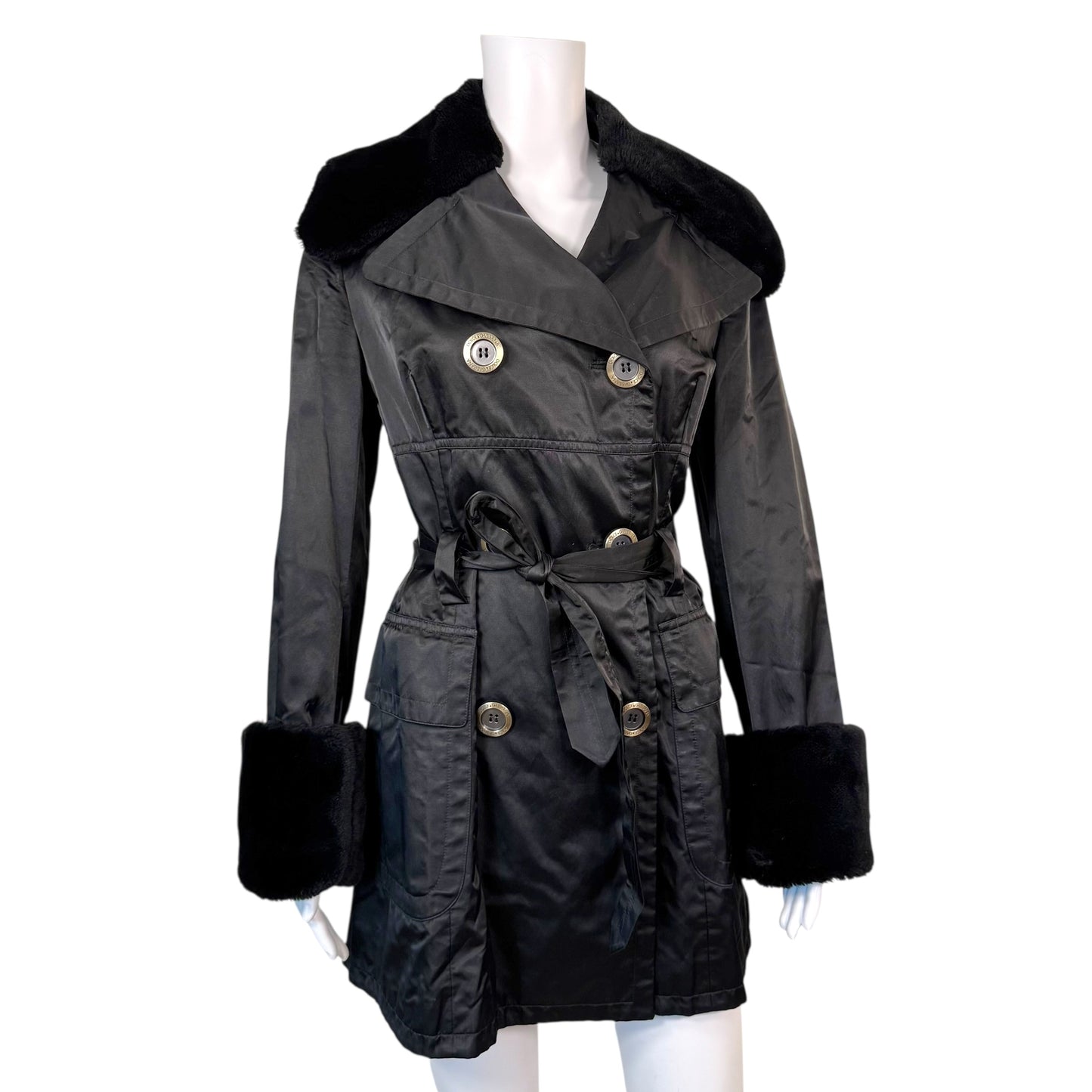 Dolce & Gabbana Black Trench Coat With Faux Fur Trim