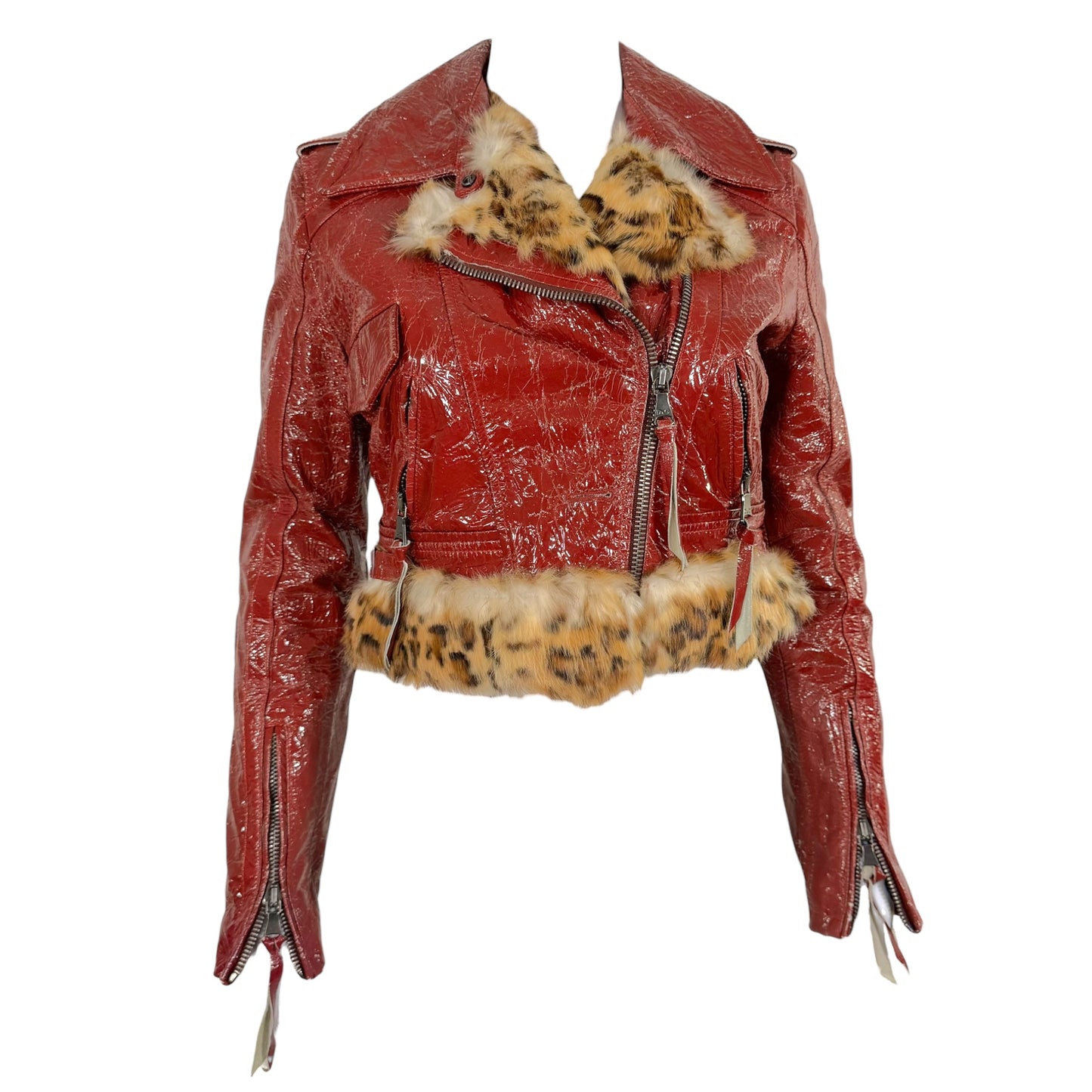 D&G Dolce & Gabbana Red Distressed Patent Leopard Rabbit Fur Lined Crop Moto Jacket