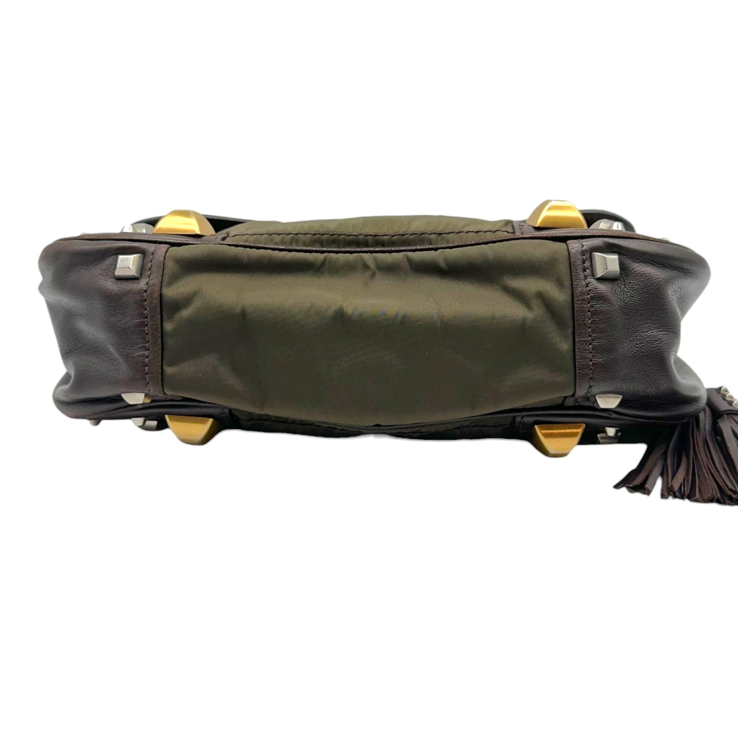 Prada Brown Leather Canvas Studded Shoulder Bag