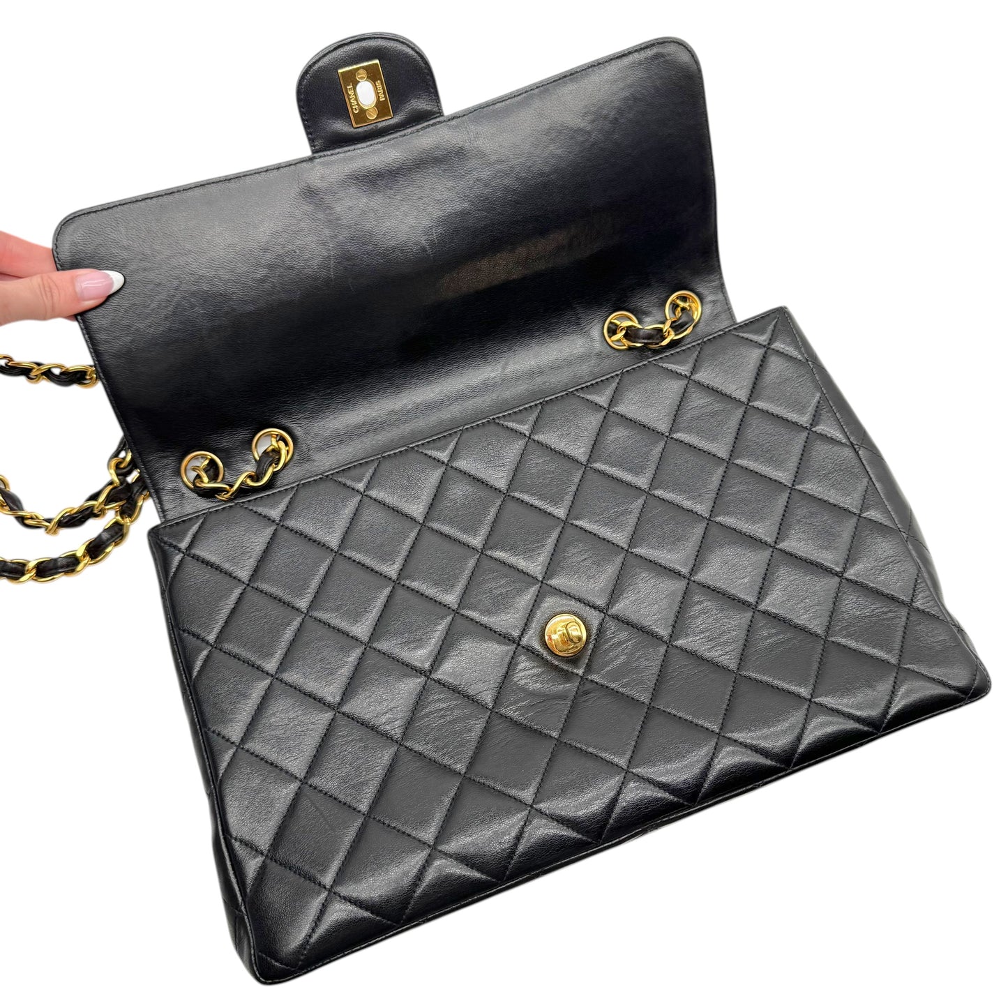 Chanel Black Lambskin Matelasse Jumbo Classic Flap Bag