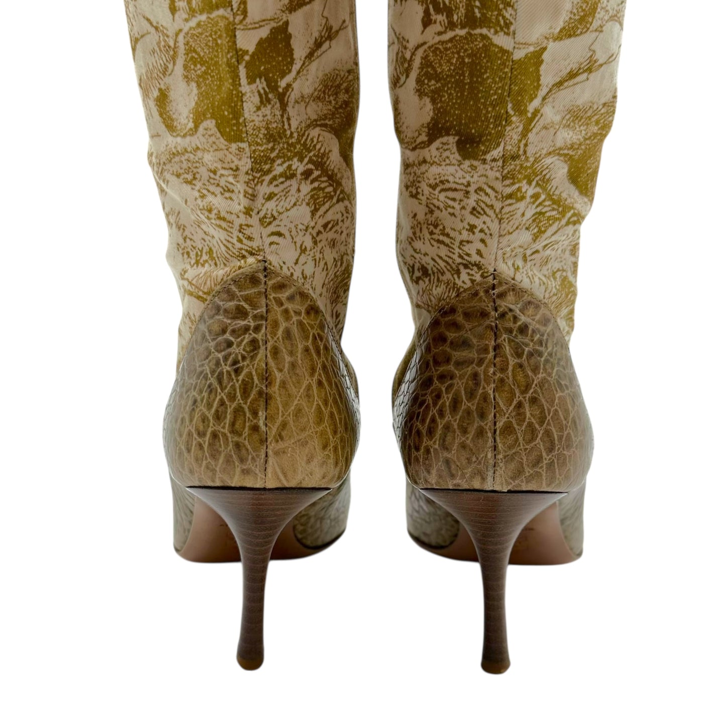 Roberto Cavalli Croc Embossed and Canvas Print Heeled Boots