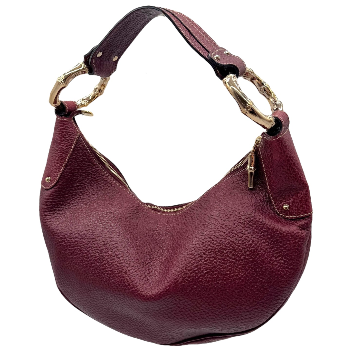 Gucci Burgundy Leather Metal Bamboo Ring Hobo Bag