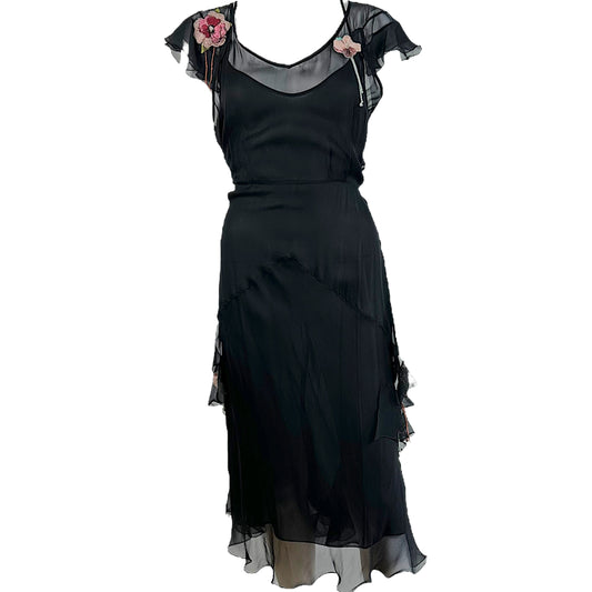 Blumarine Black Silk Floral Embellished Midi Dress