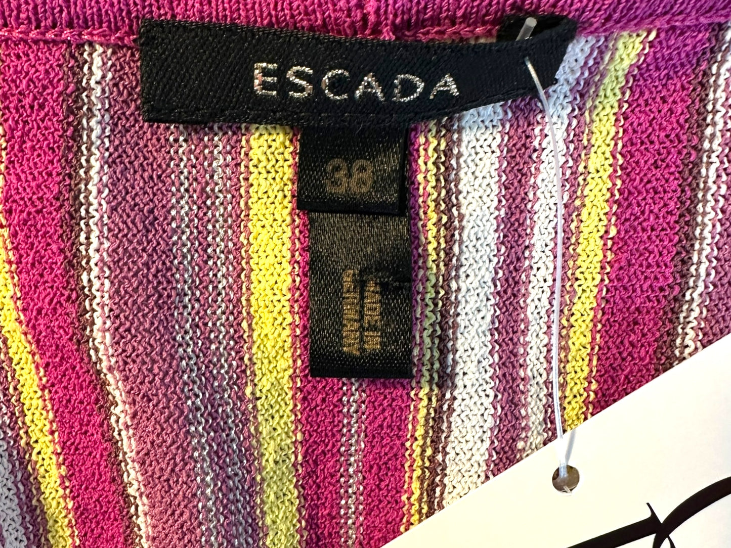 Escada Pink & Yellow Striped Beaded Fringe Cardigan