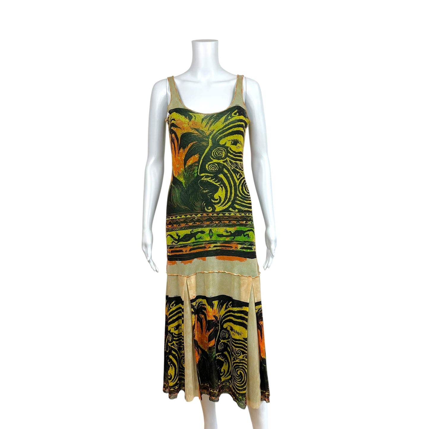 Jean Paul Gaultier S/S 1994 Tribal Inspired Printed Mesh Midi Dress