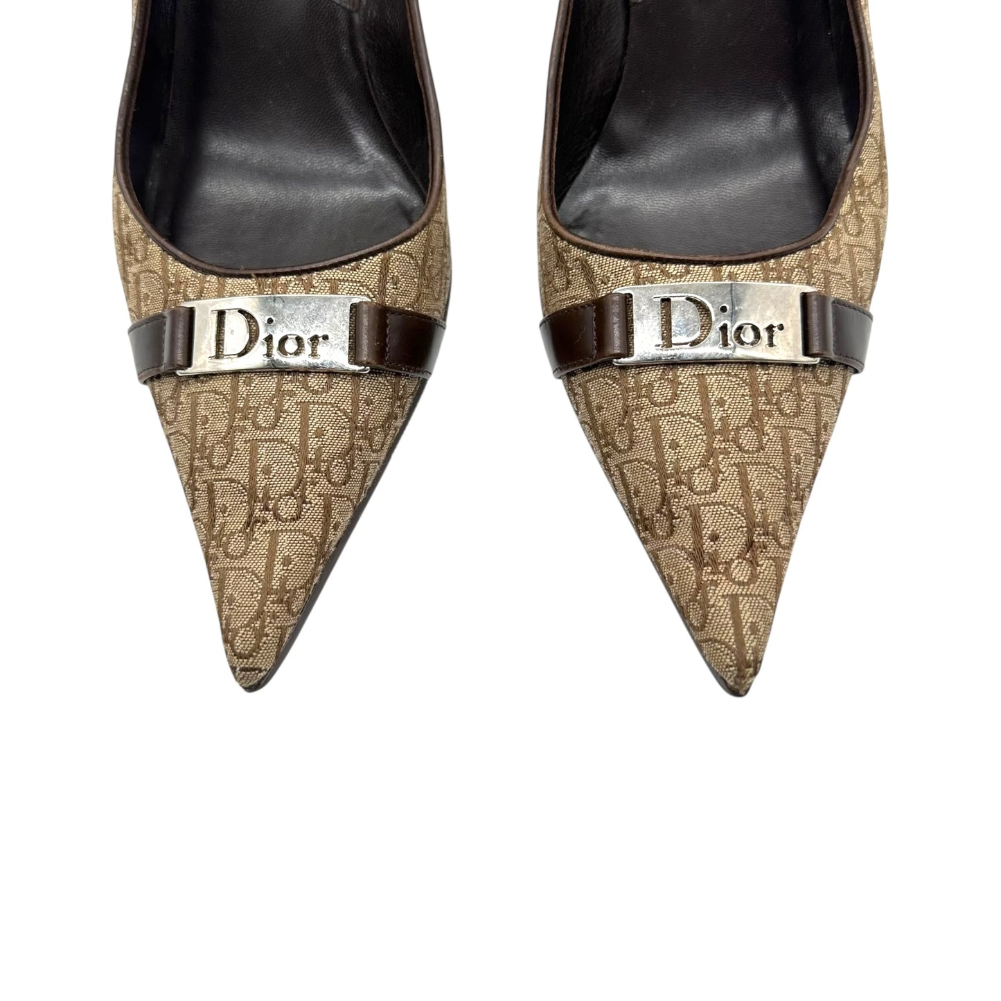 Christian Dior Tan Monogram Logo Plate Pointed Toe Heels