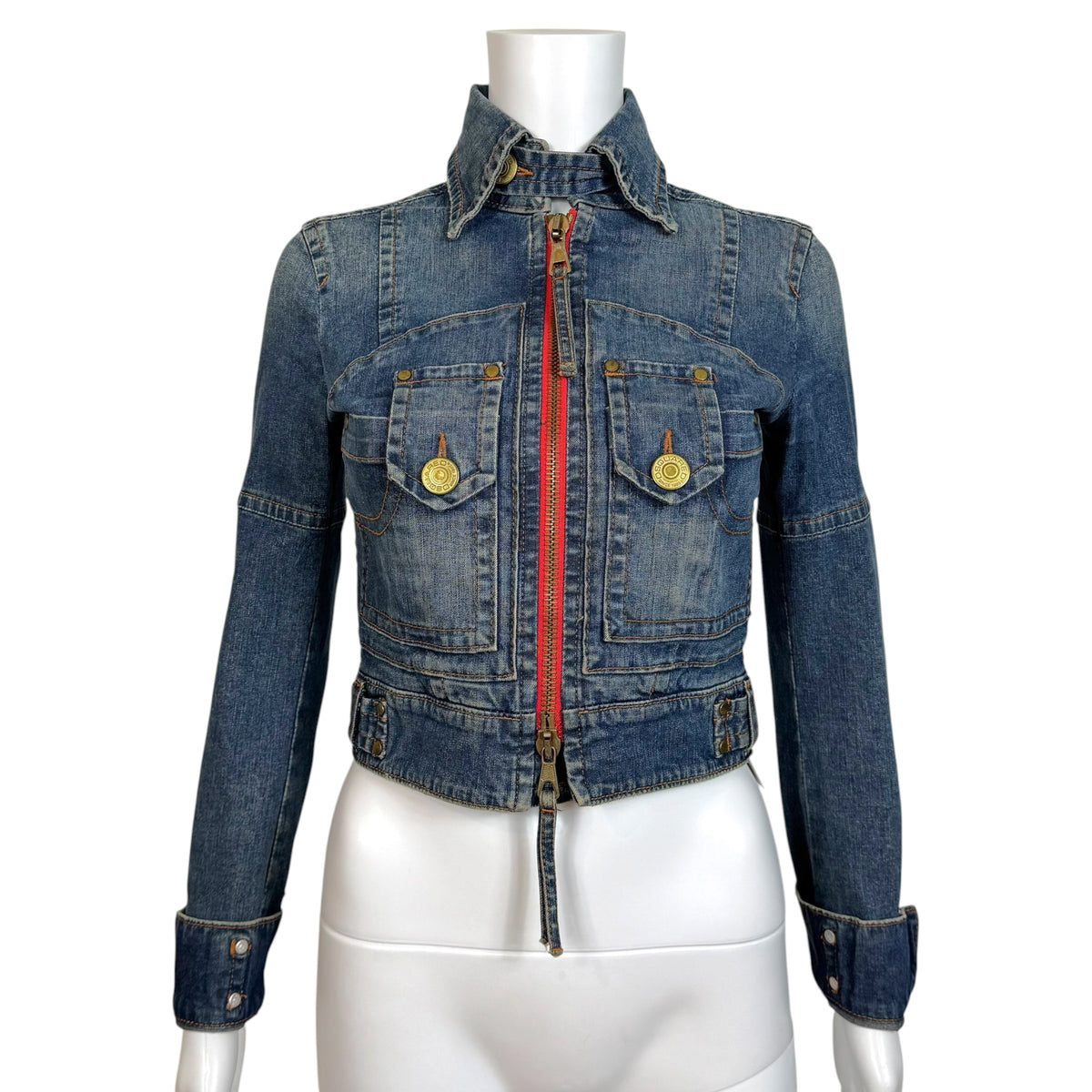 Dsquared2 Distressed Denim Contrast Zip Cropped Jacket