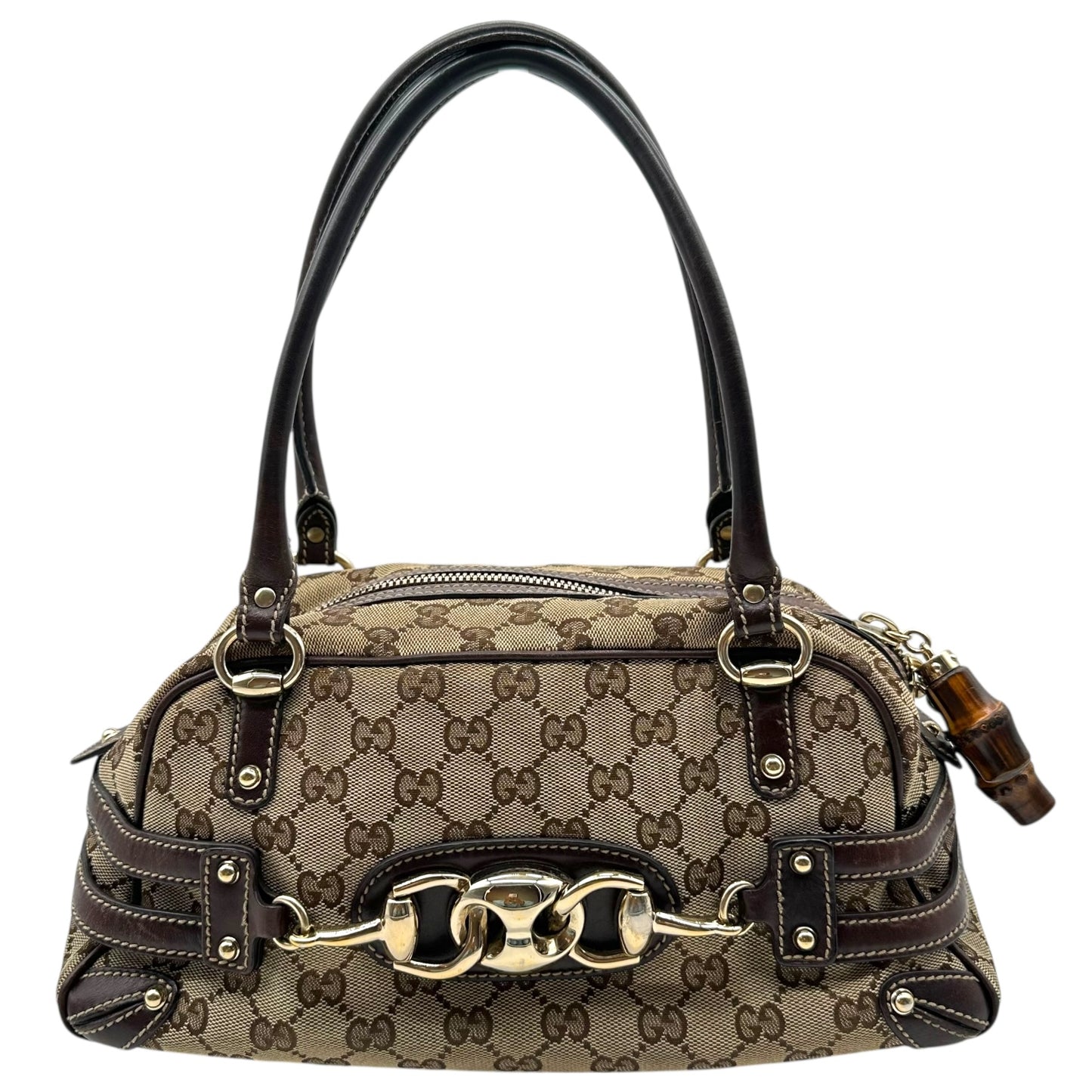 Gucci Brown Monogram & Bamboo East West Shoulder Bag