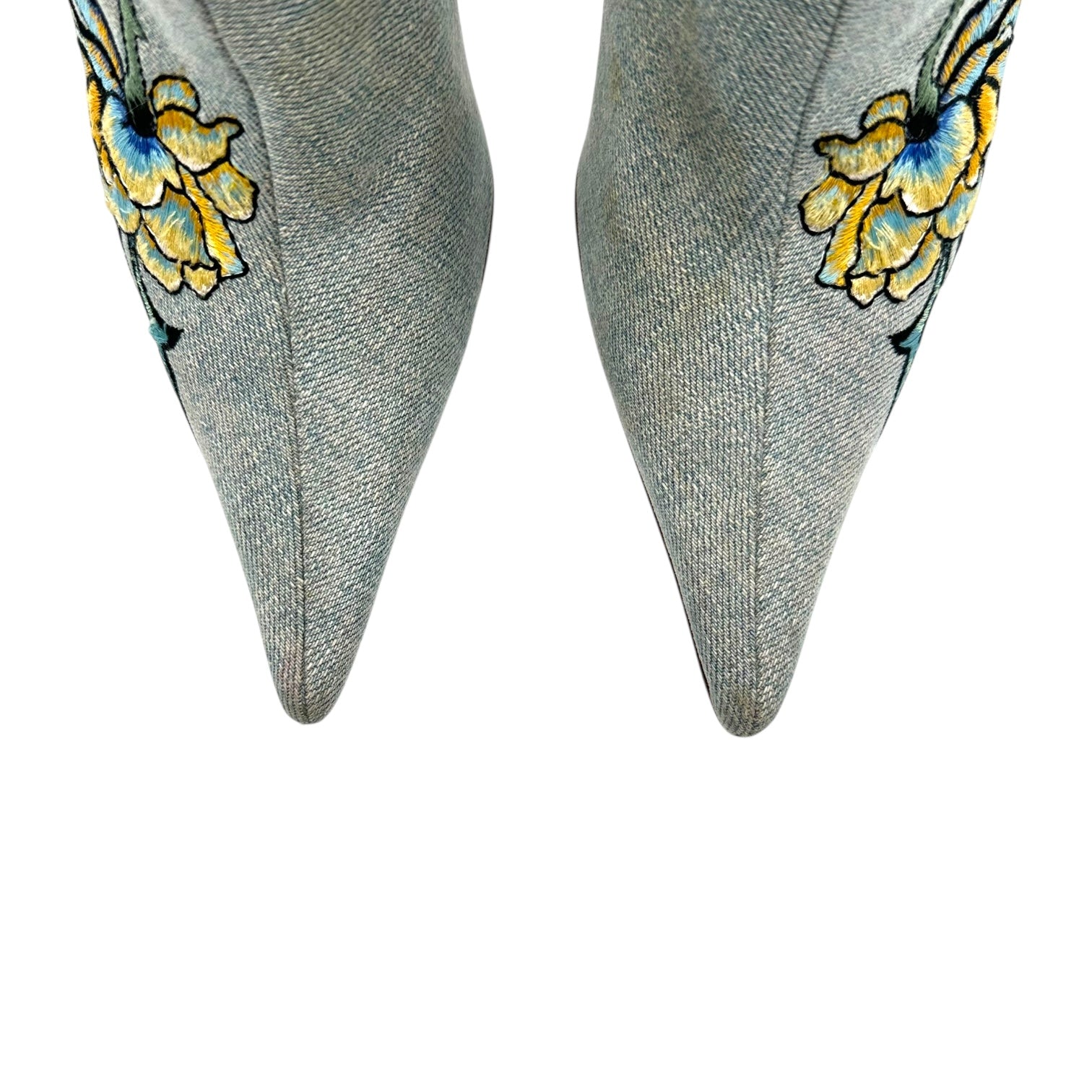 Roberto Cavalli Denim Floral Embroidered Heeled Booties - Outfit Repeater