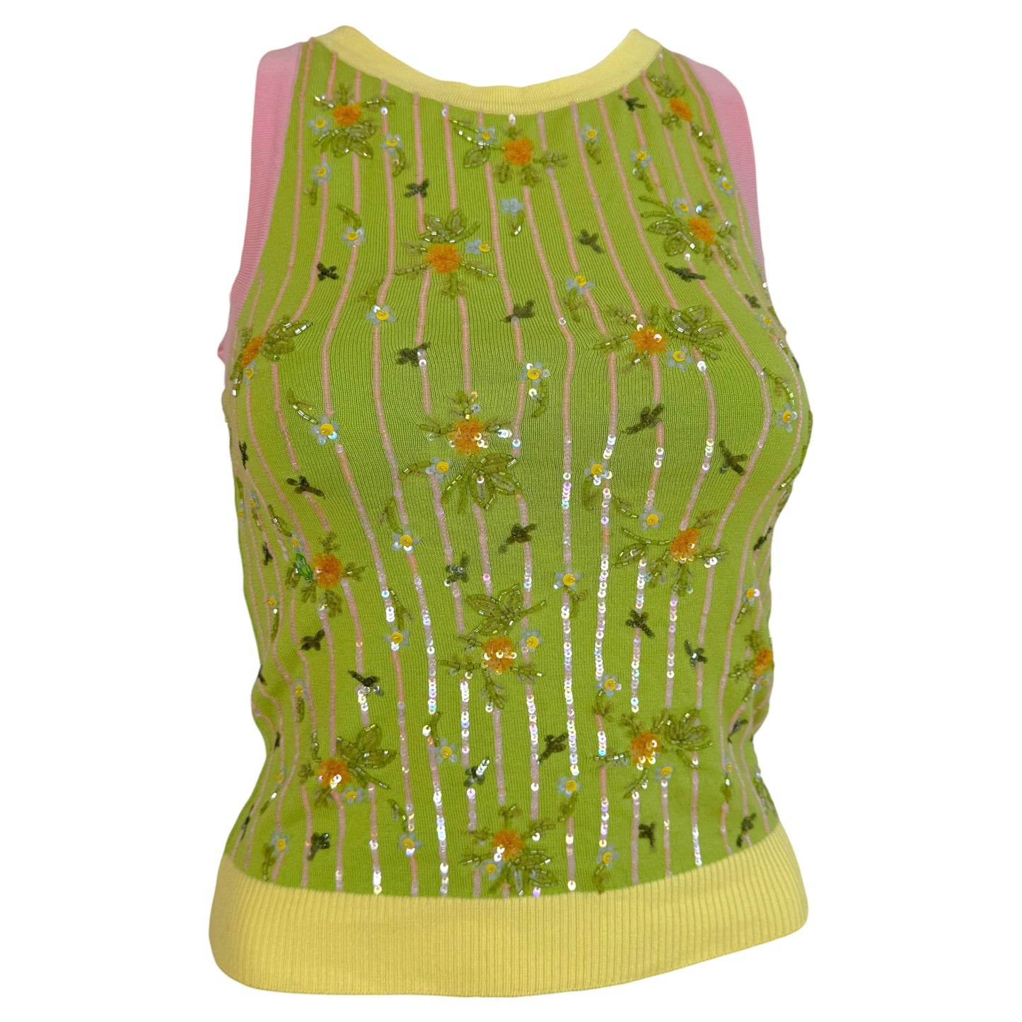 Valentino Garvani Green Floral Beaded & Sequin Knit Tank Top