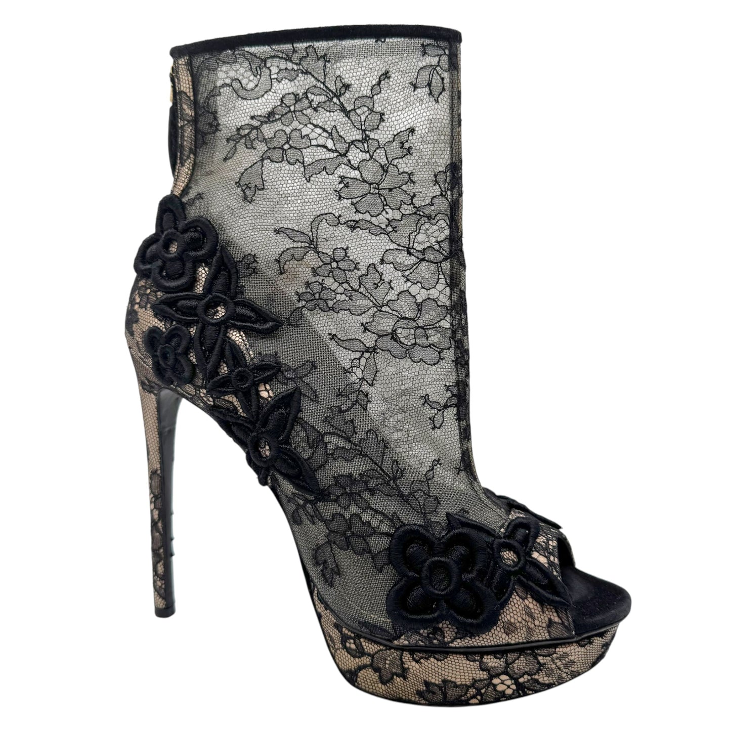 Louis Vuitton Lace Heeled Peep-Toe Platform Pumps
