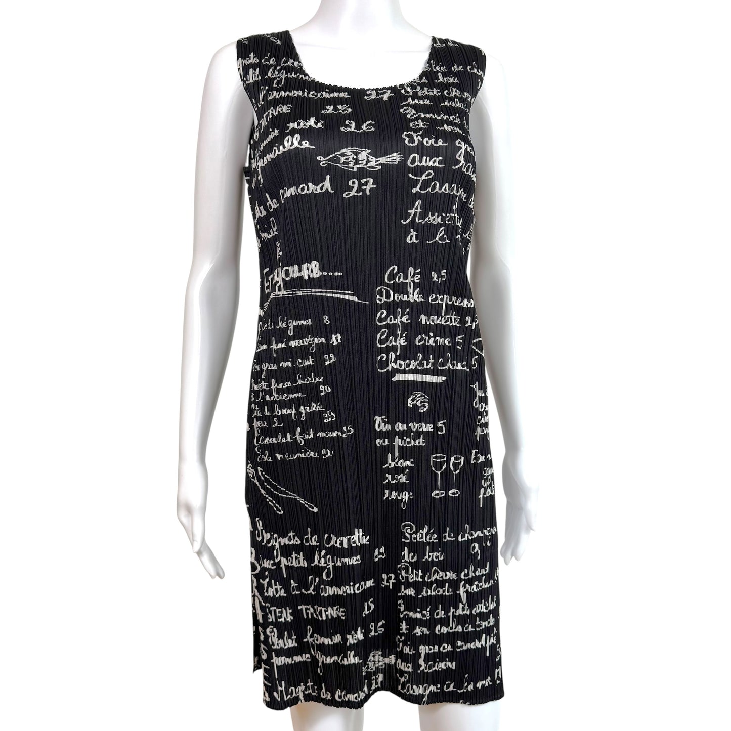 Issey Miyake Pleats Please Black & White Cafe Chalkboard Menu Printed Pleated Sleeveless Dress Sz 3