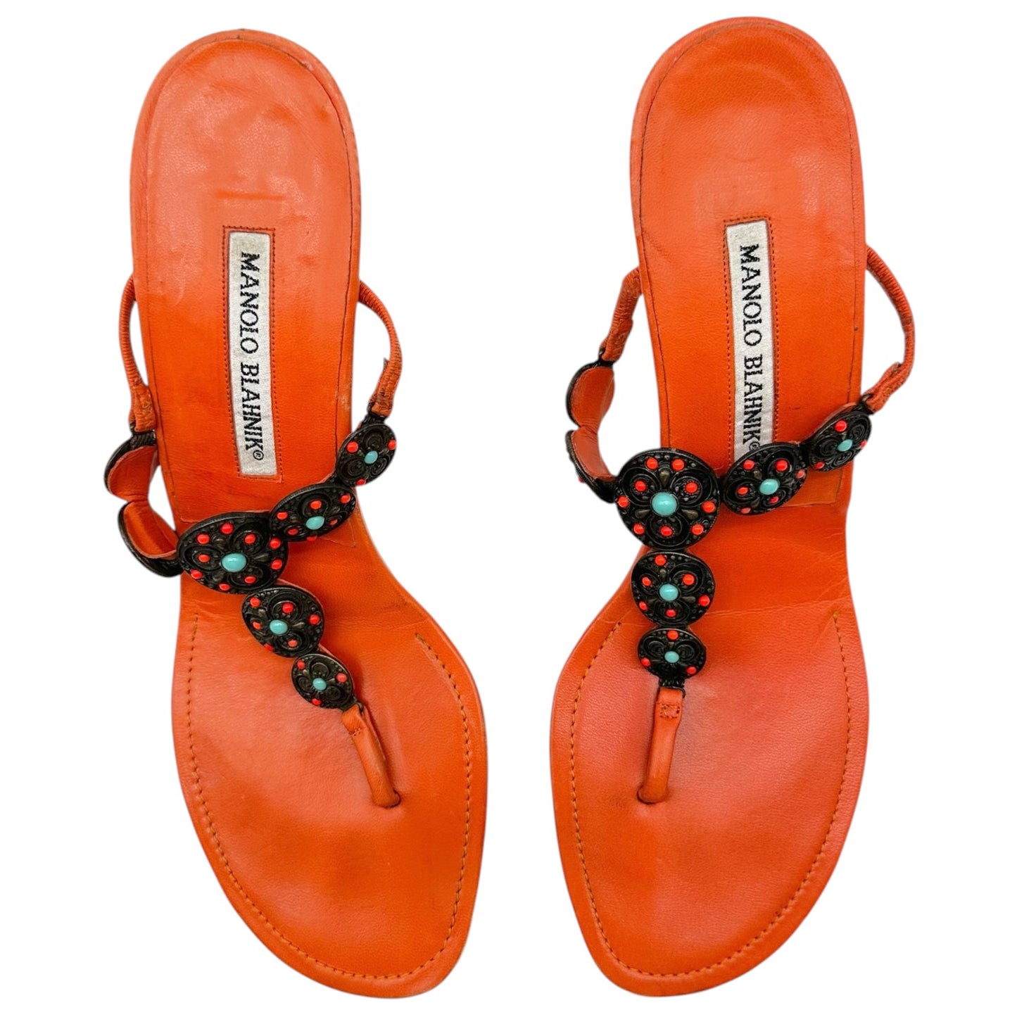 Manolo Blahnik Orange & Turquoise Beaded Kitten Heel Flip Flops