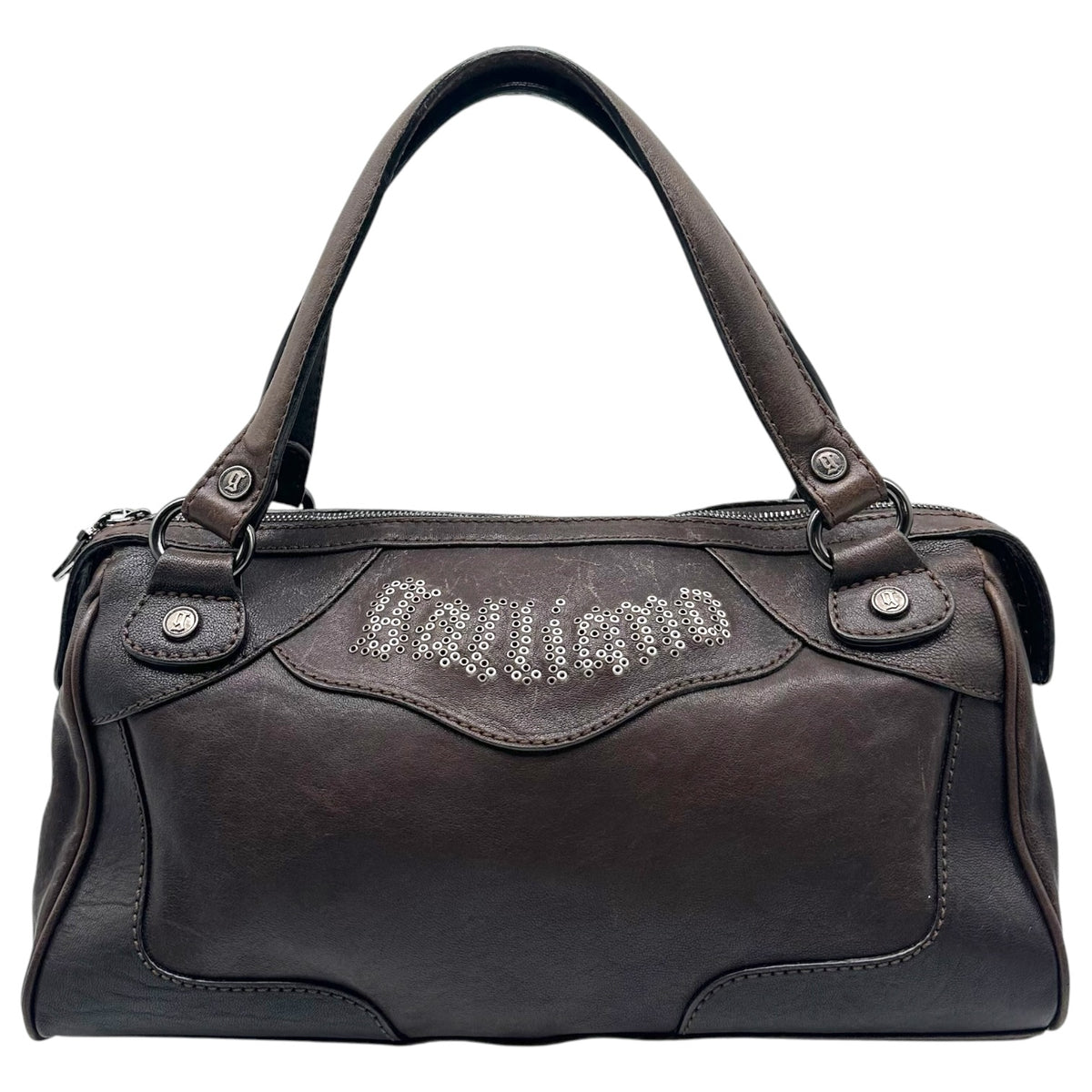 Galliano Brown & Silver Studded Logo Shoulder Bag