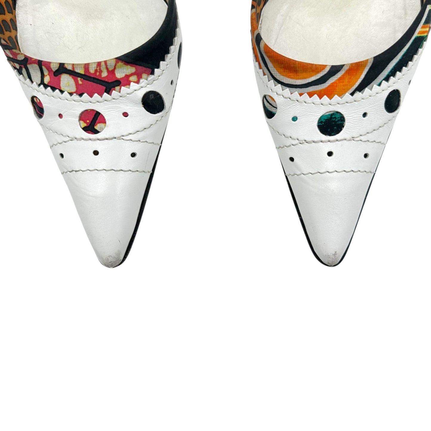 John Galliano Printed Silk & White Leather Pointed Heels