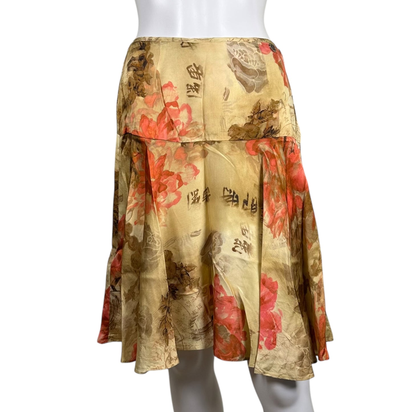 Galliano Ivory Silk Floral & Kanji Print Midi Skirt