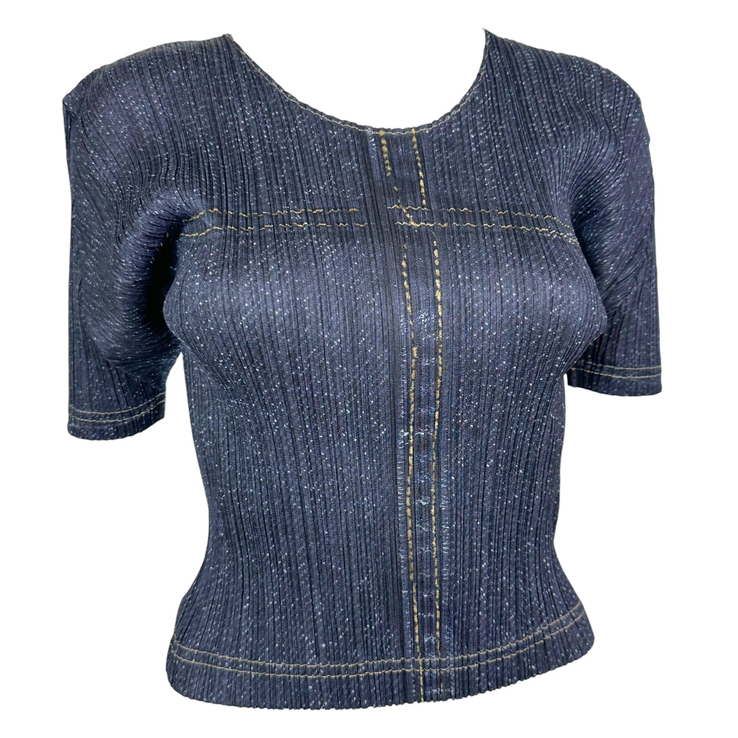 Issey Miyake Pleats Please Dark Wash Denim Printed T-Shirt