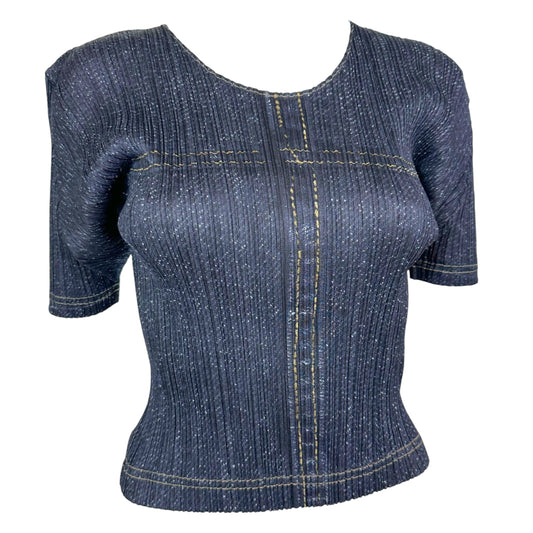 Issey Miyake Pleats Please Dark Wash Denim Printed T-Shirt