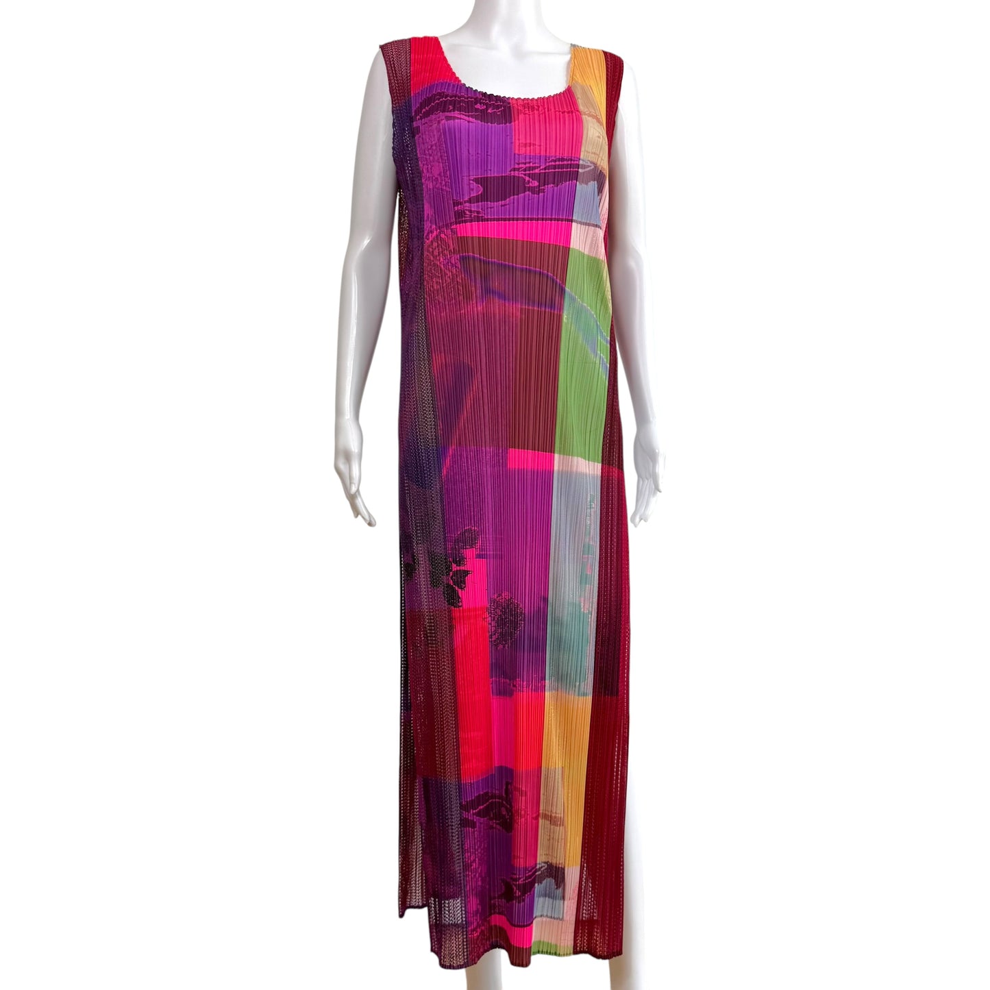 Issey Miyake Pleats Please Neon Multicolor Abstract Print Pleated Mesh Side-Slit Maxi Tunic Top Sz 5