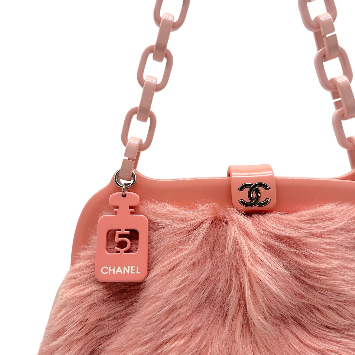 Chanel No.5 Pink Fur & Resin Chain Strap Frame Shoulder Bag 2005-06