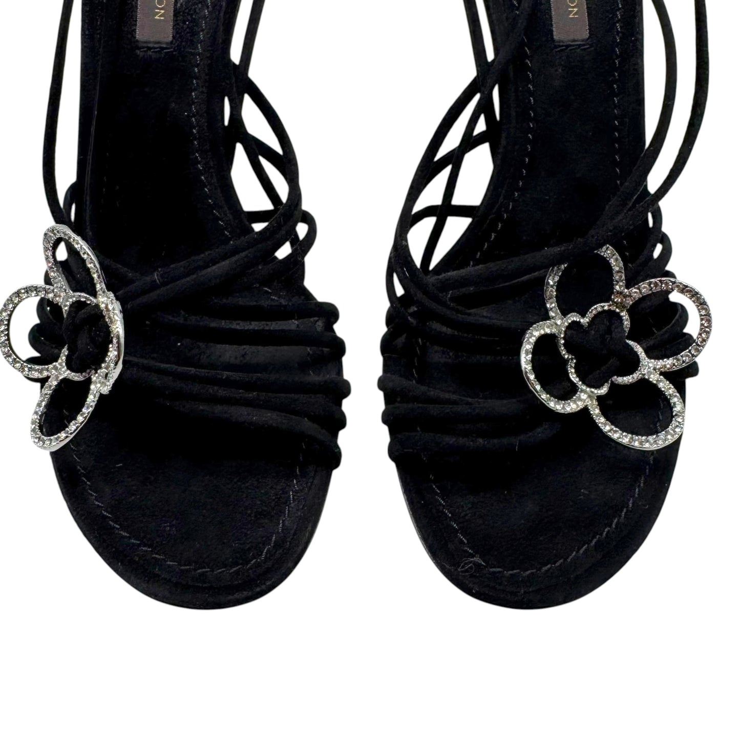 Louis Vuitton Black Strappy Crystal Flower Logo Sandal Heels