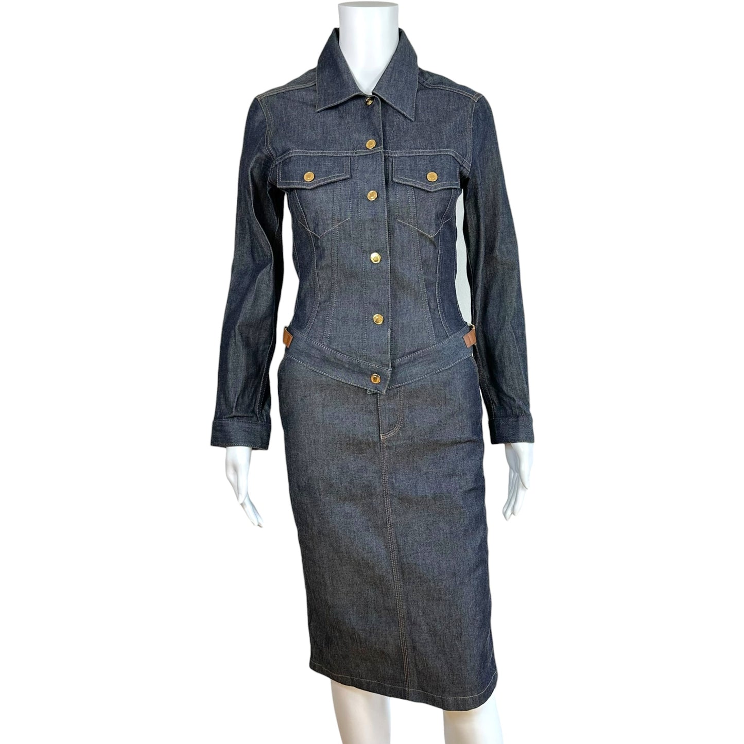 Gucci by Tom Ford 2000 Dark Wash Denim Jacket & Midi Skirt Set