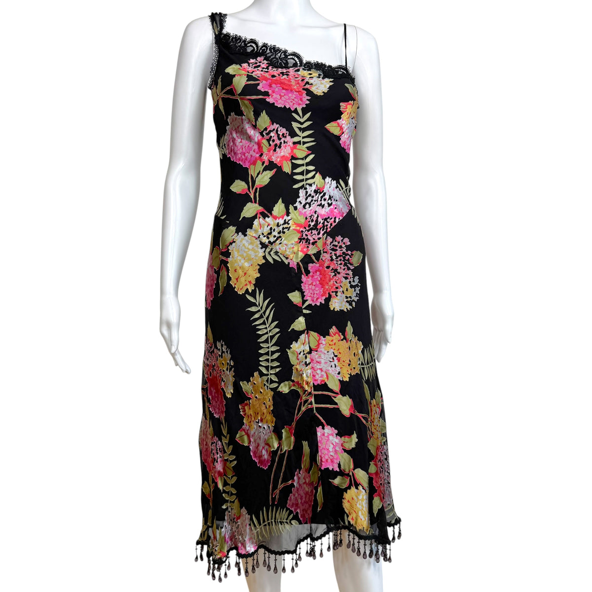 Betsey Johnson Black Floral Print Silk Mid Dress