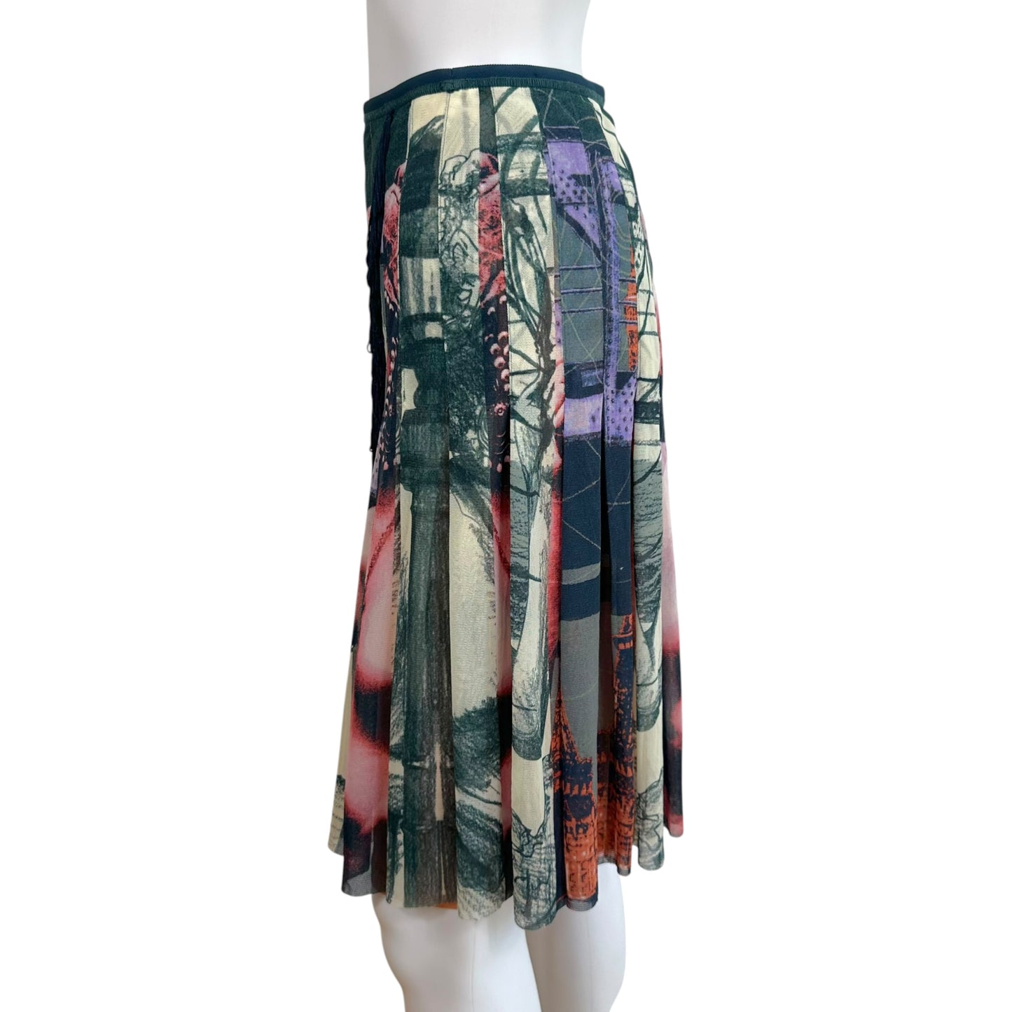 Jean Paul Gaultier Multicolor Statue Print Fringe Trim Mesh Midi Skirt