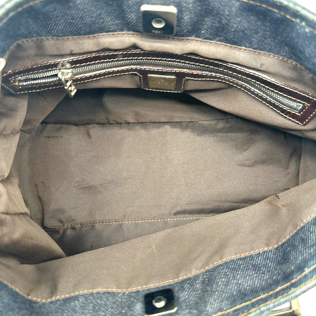 Fendi Small Tote Handbag Denim Brown Leather
