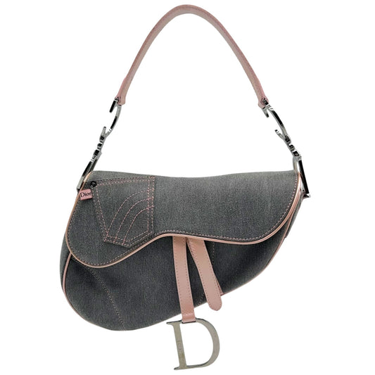 Christian Dior Saddle Shoulder Bag Gray Denim Pink Leather