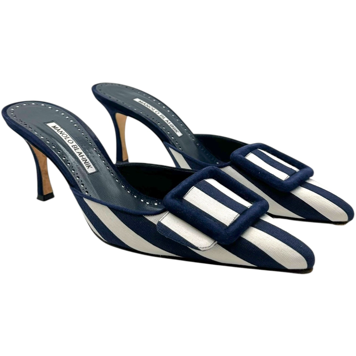 Manolo Blahnik Navy White Striped Mule Heels