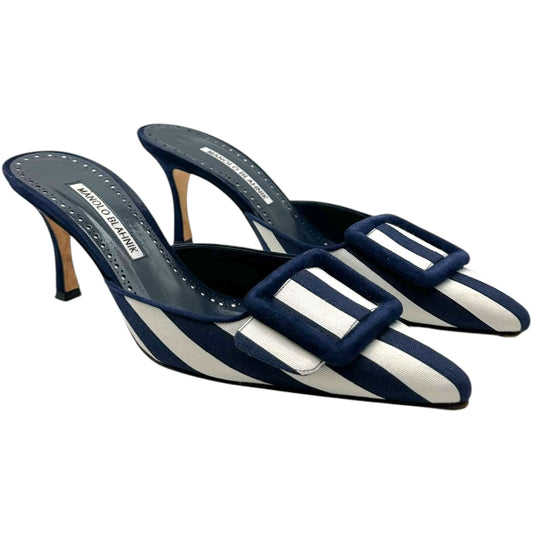 Manolo Blahnik Navy & White Striped Mule Heels