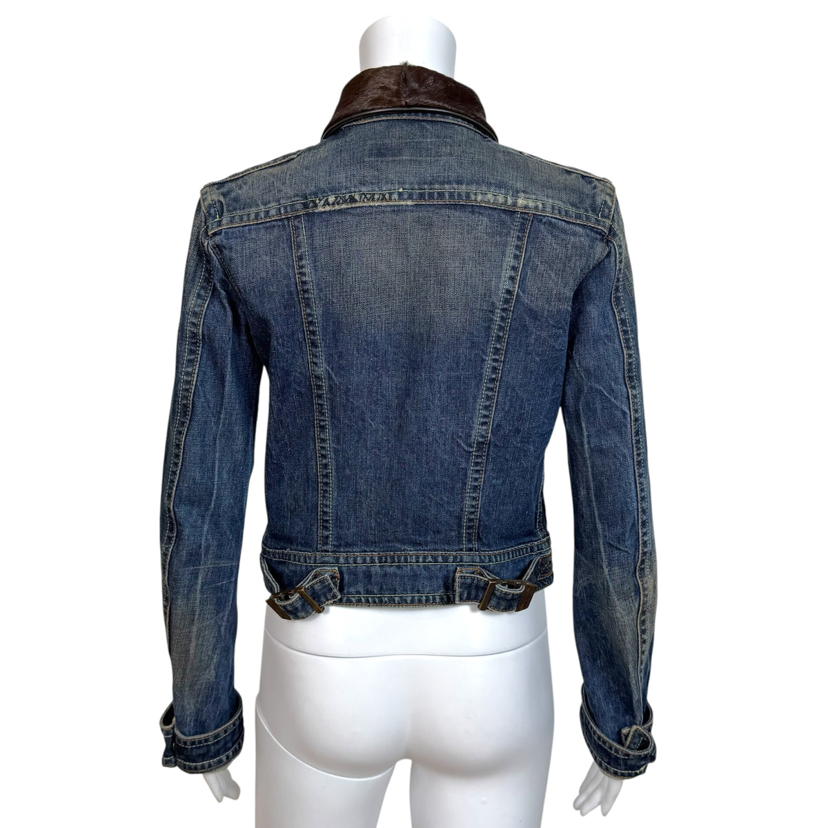 Dsquared2 Distressed Denim & Brown Ponyhair Collar Cropped Jacket