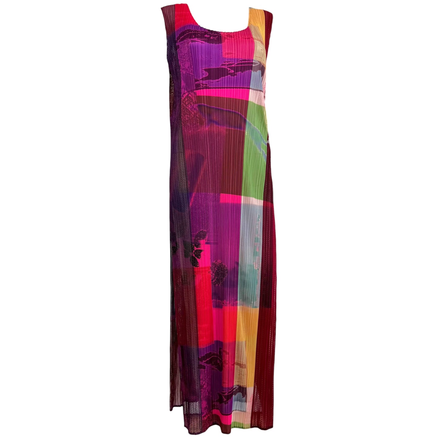 Issey Miyake Pleats Please Neon Multicolor Abstract Print Pleated Mesh Side-Slit Maxi Tunic Top Sz 5