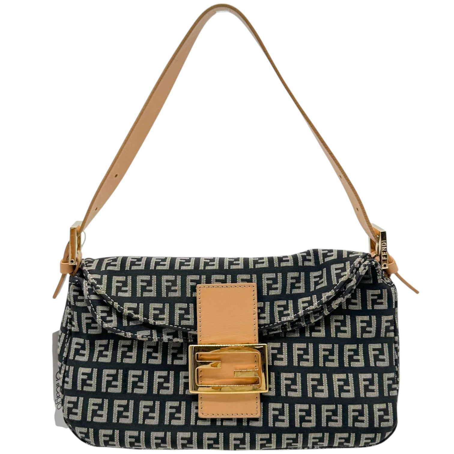 Fendi Fold-Over Baguette Bag Black Beige Zucchino Monogram
