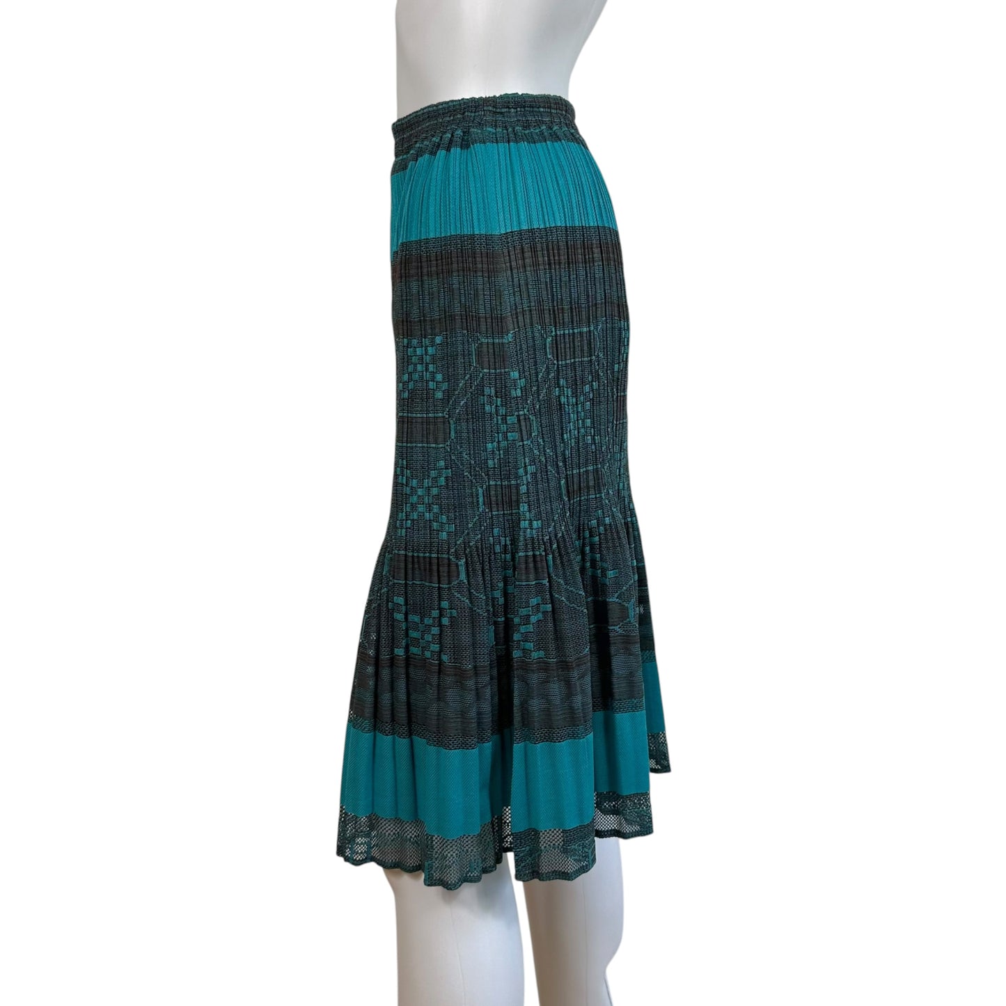 Issey Miyake Pleats Please Turquoise & Brown Tribal Print Pleated Midi Skirt