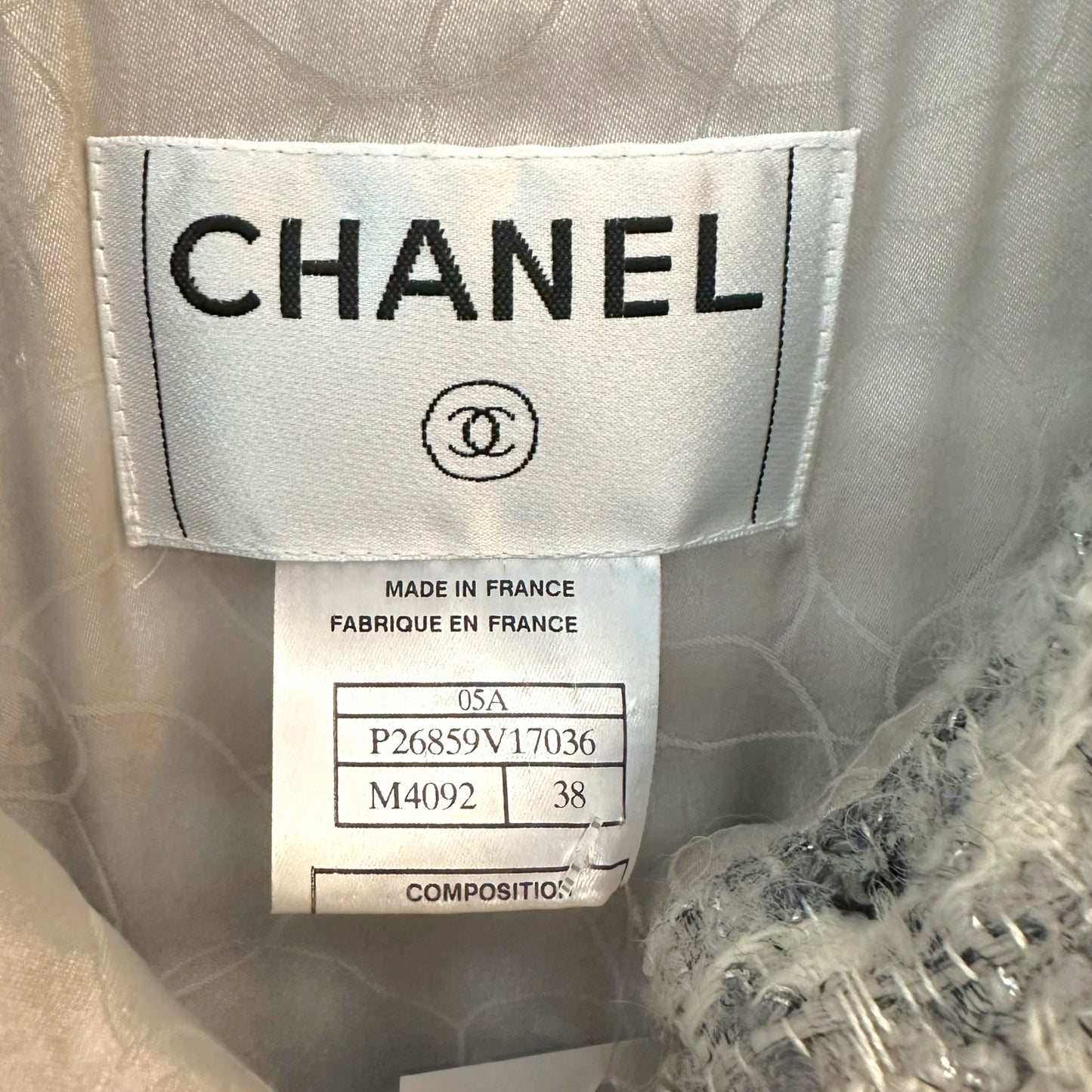 Chanel Fall 2005 Metallic Silver & Ivory Tweed Crop 1/2 Sleeve Jacket