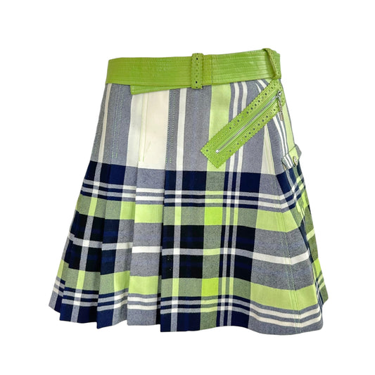 Christian Dior F/W 2004 Green Leather & Plaid Pleated Mini Skirt - Outfit Repeater
