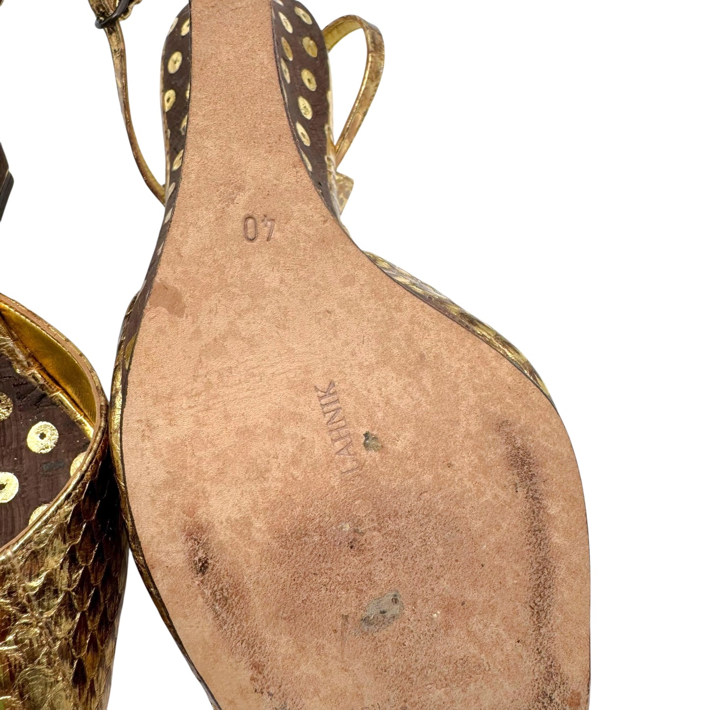 Manolo Blahnik Gold Python & Brown Cork Polka Dot Wedge Sandal Heels