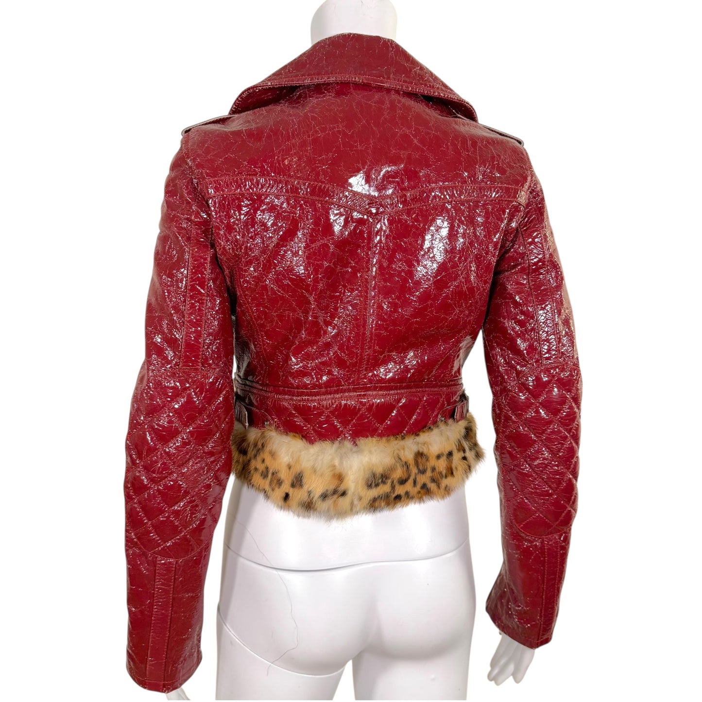 D&G Dolce & Gabbana Red Distressed Patent Leopard Rabbit Fur Lined Crop Moto Jacket