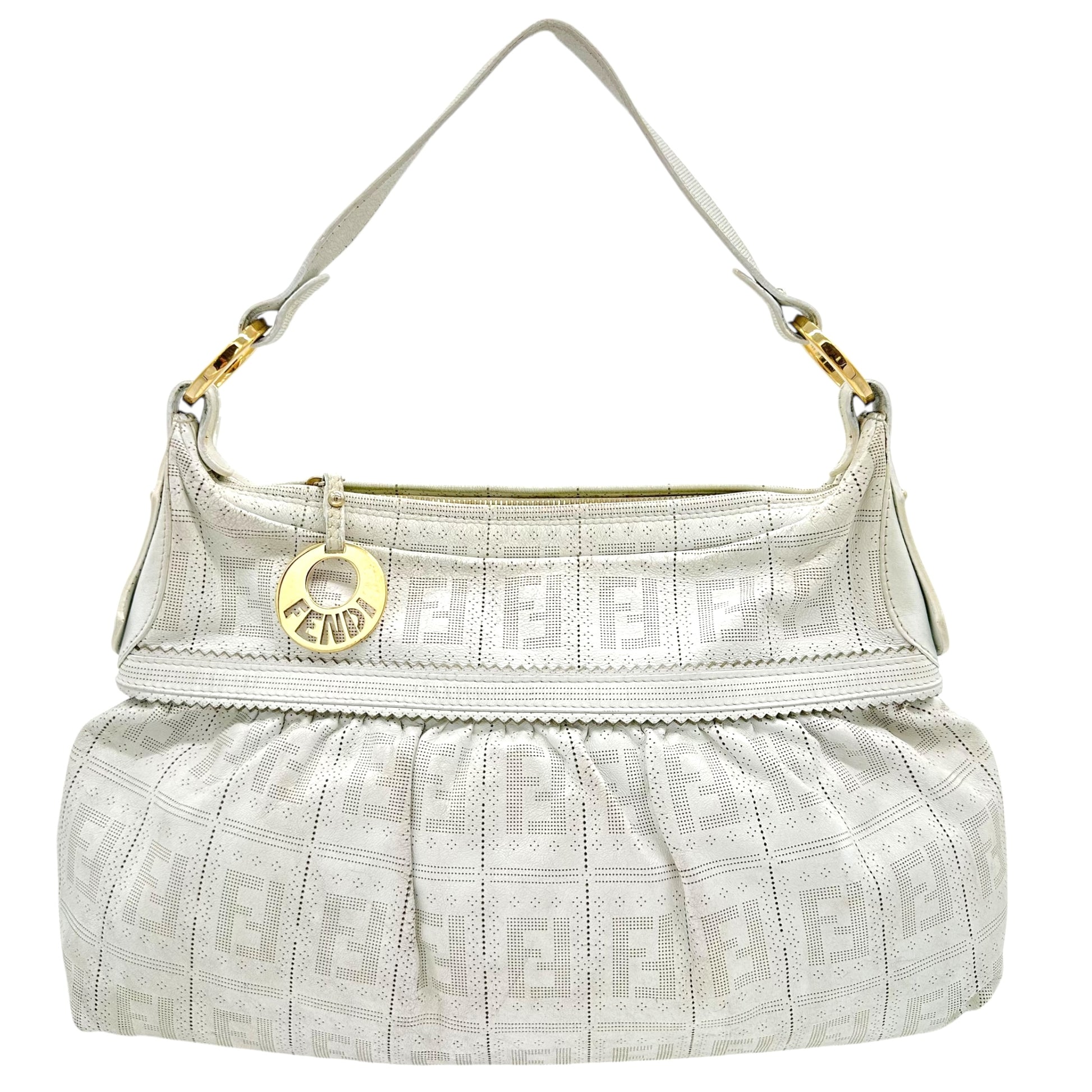 Fendi White Leather Perforated Zucca Monogram Large Chef Bag - Outfit Repeater